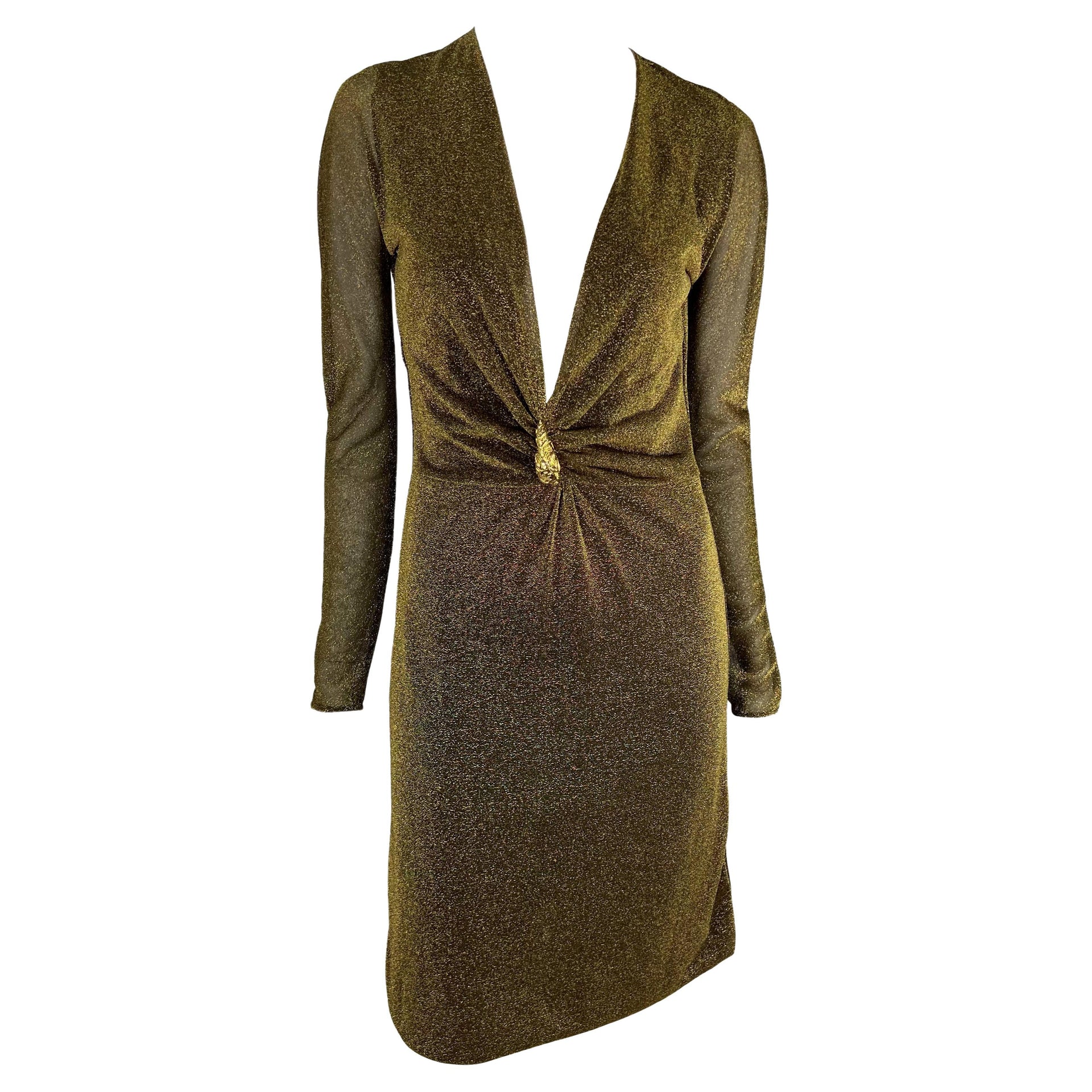 F/W 2000 Gucci by Tom Ford Runway Metallic Lurex Sheer Dress Tiger Accent