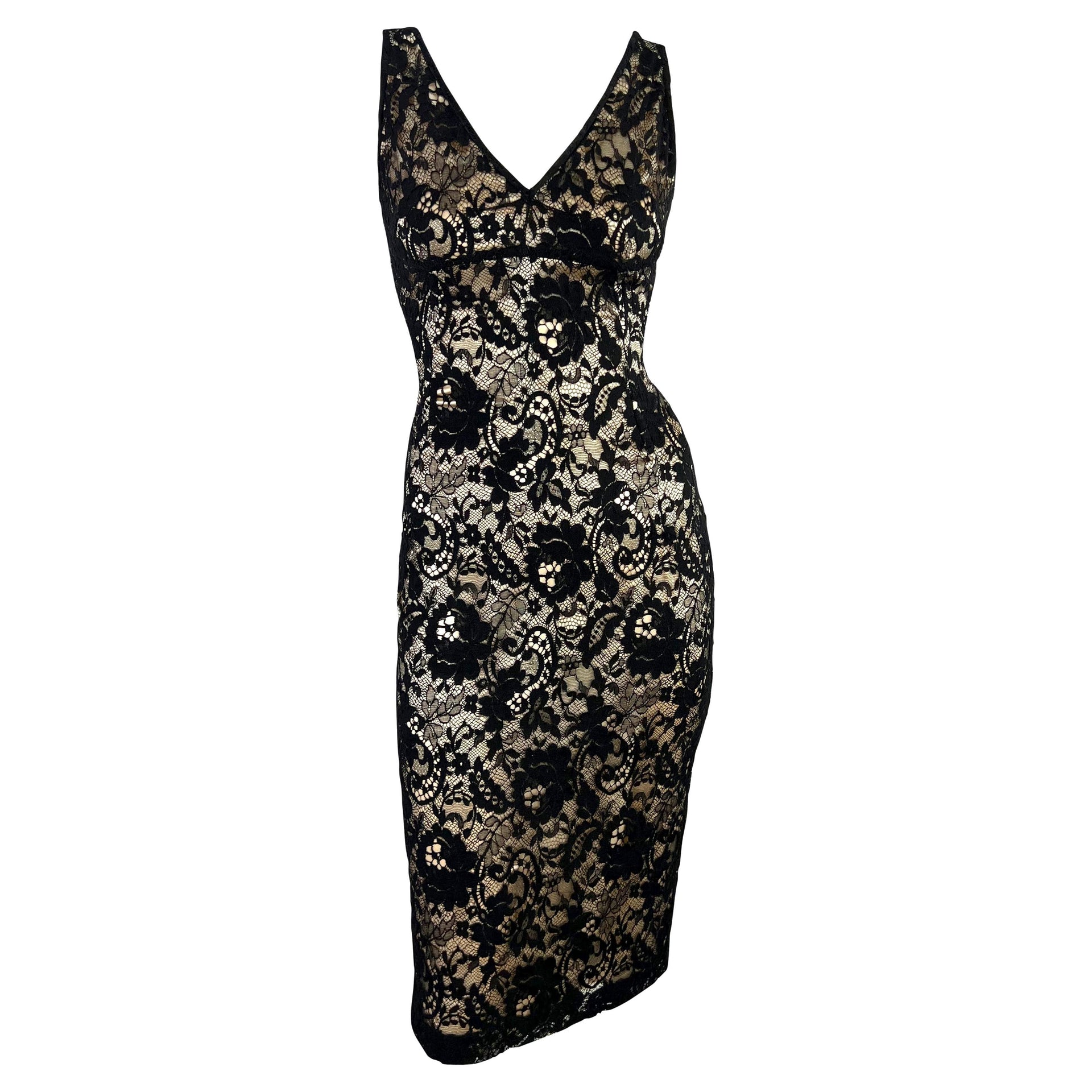 2000s Dolce & Gabbana Beige Satin Black Lace Overlay Bodycon Sleeveless Dress
