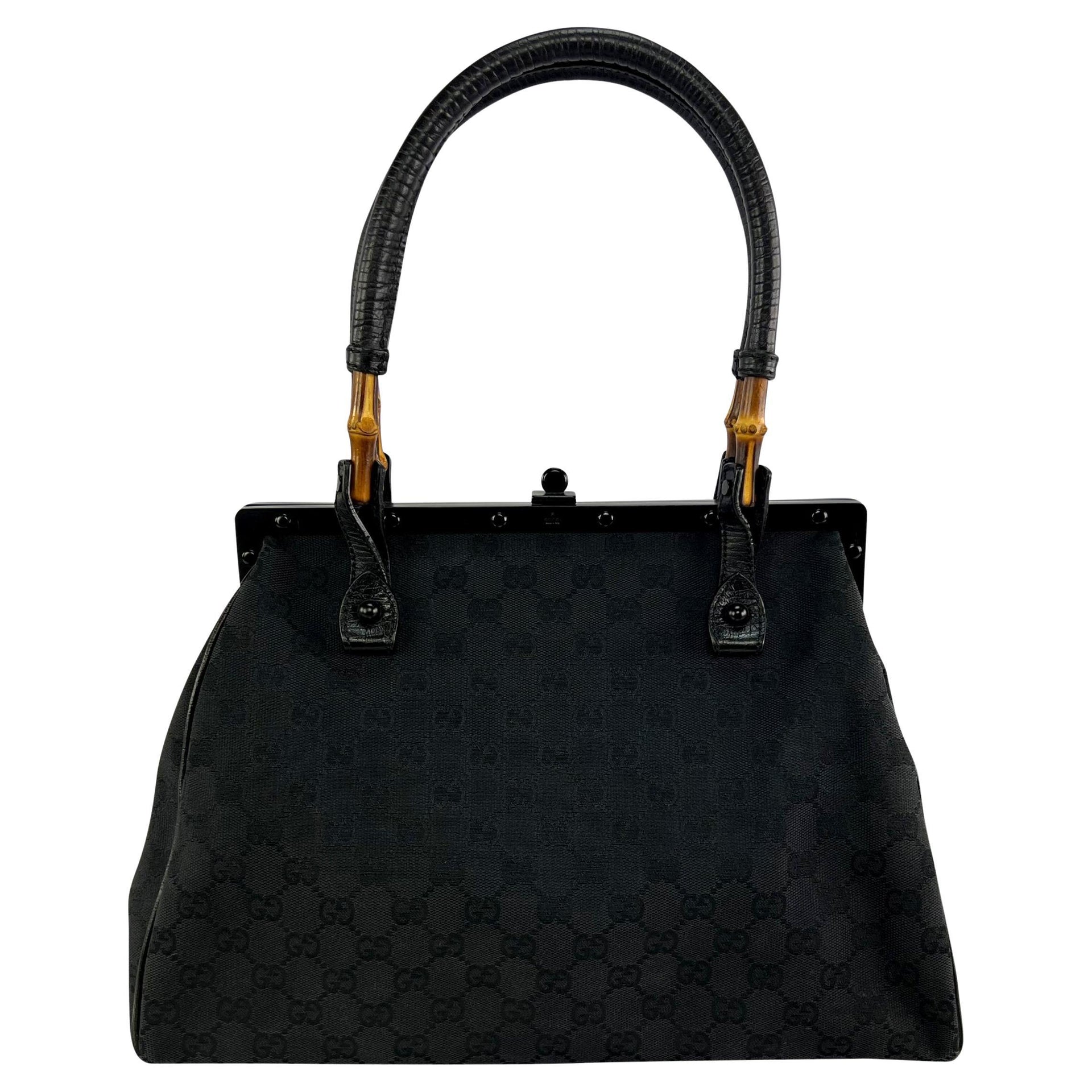 S/S 2003 Gucci by Tom Ford Bamboo Frame Black GG Canvas Large Shoulder Tote