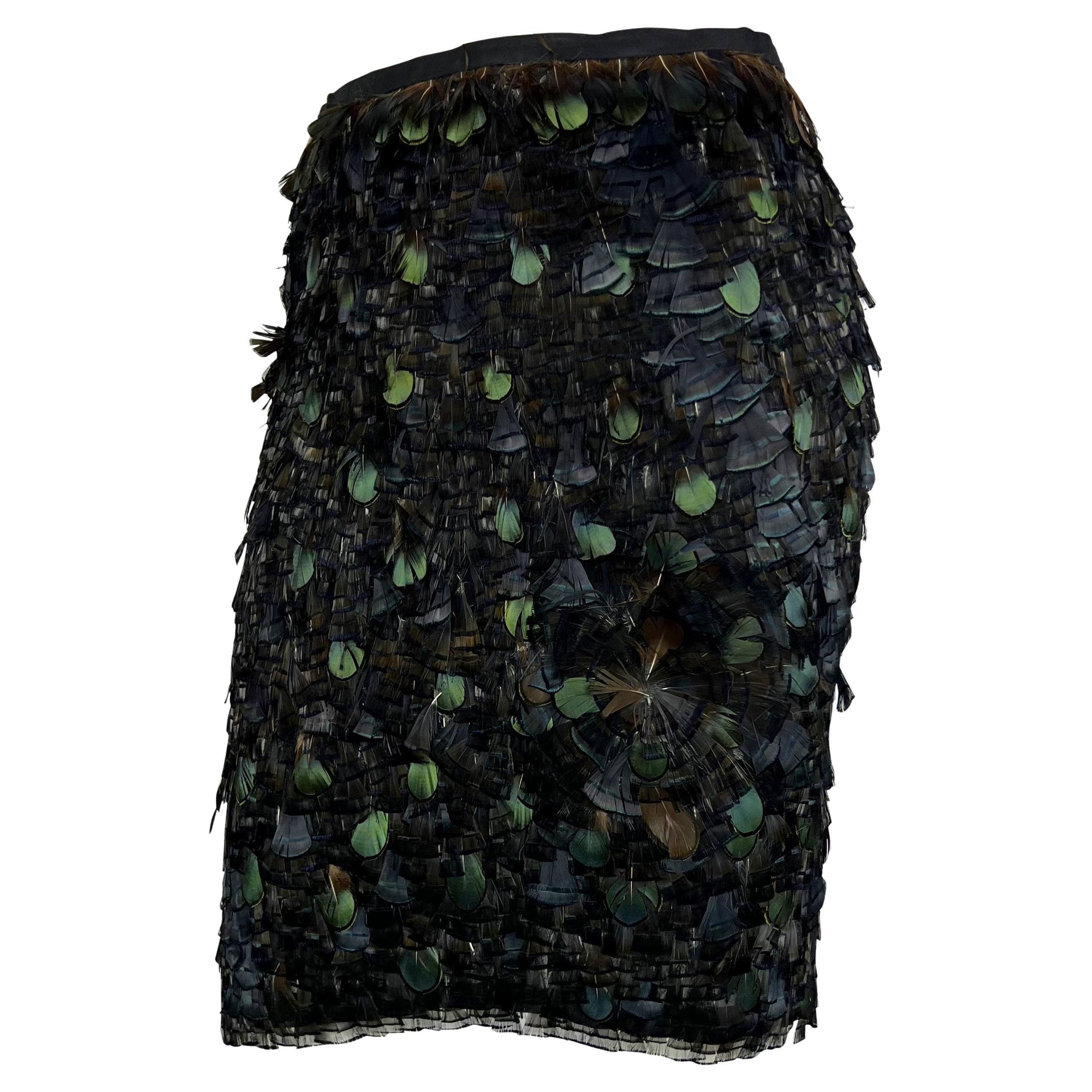 S/S 2003 Gucci by Tom Ford Iridescent Green Brown Feather Embellished Silk Skirt