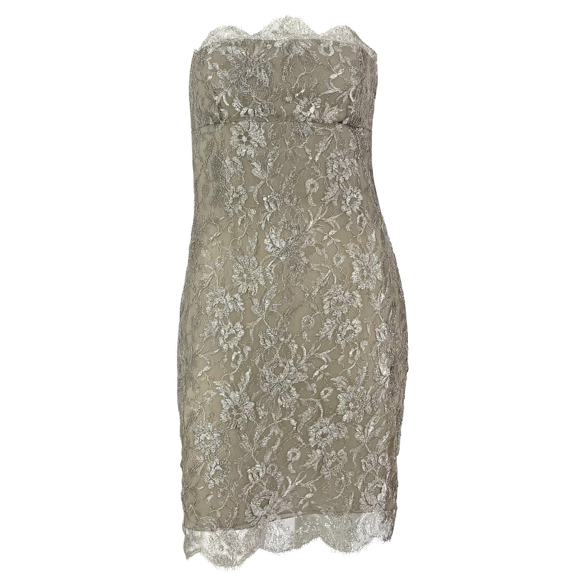 S/S 1988 Calvin Klein Runway Silver Metallic Floral Lace Cocktail Dress