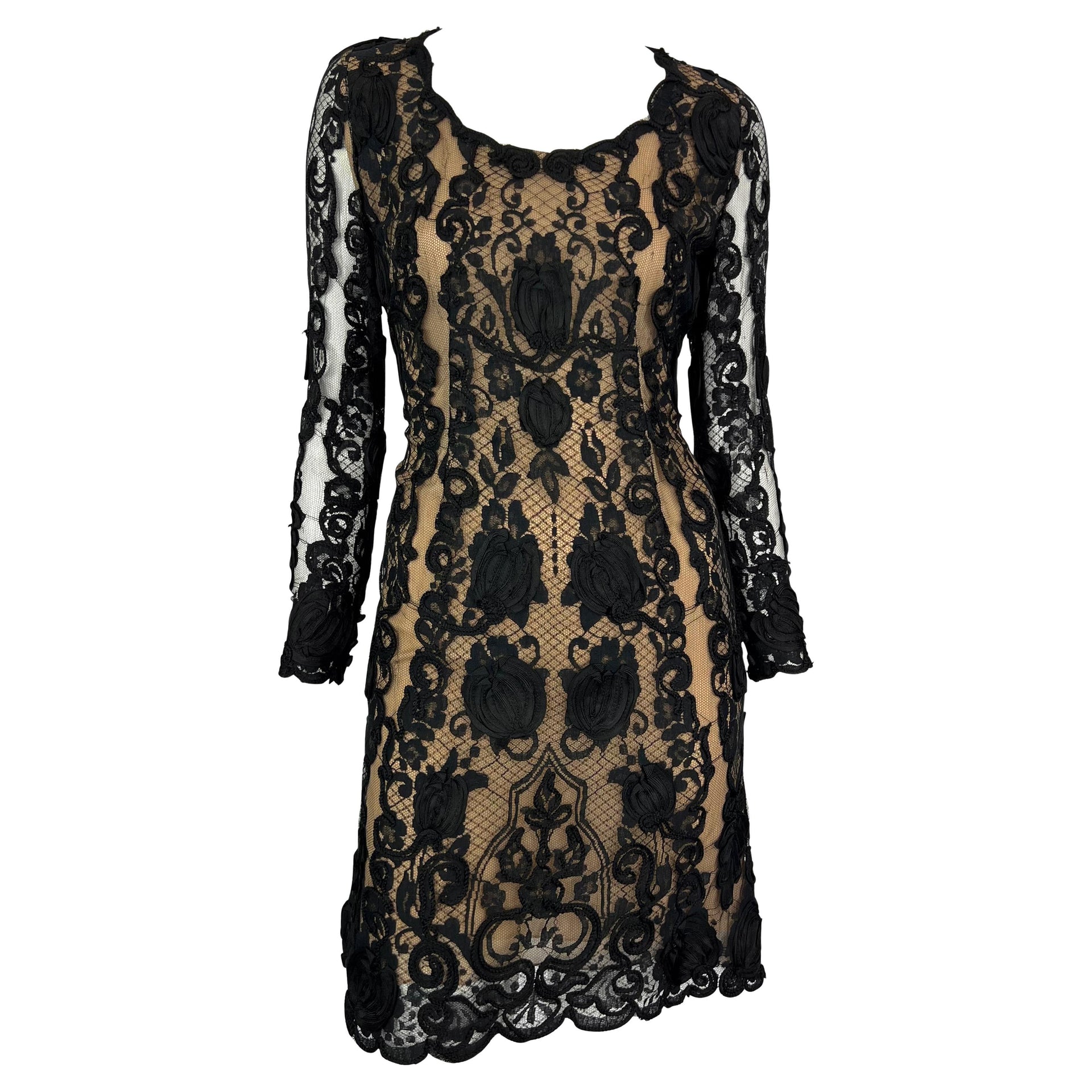 S/S 1996 Bill Blass Runway Black Ribbon Lace Semi-Sheer Mini Dress