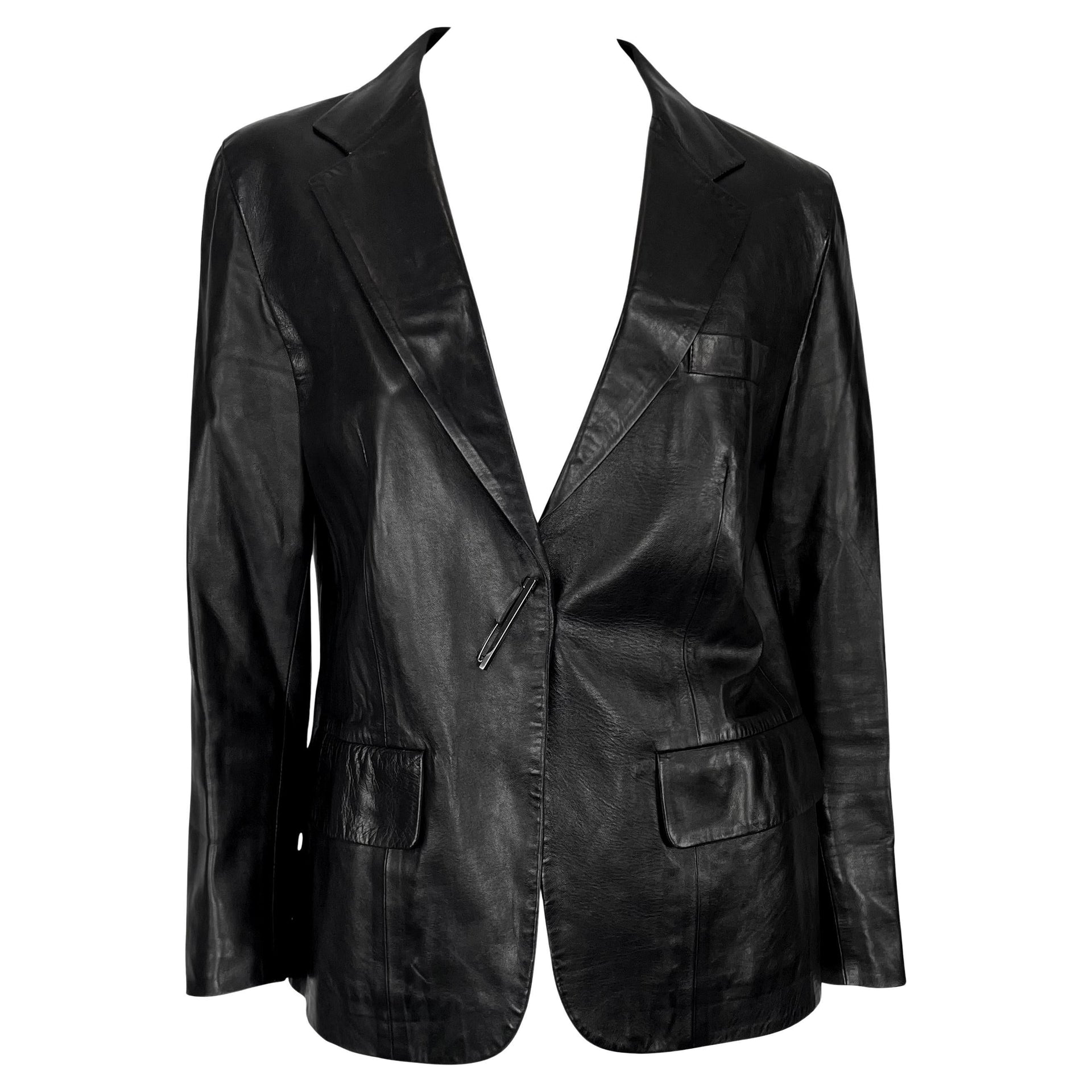 S/S 2000 Gucci by Tom Ford Runway Rhinestone Pin Black Leather Blazer Jacket