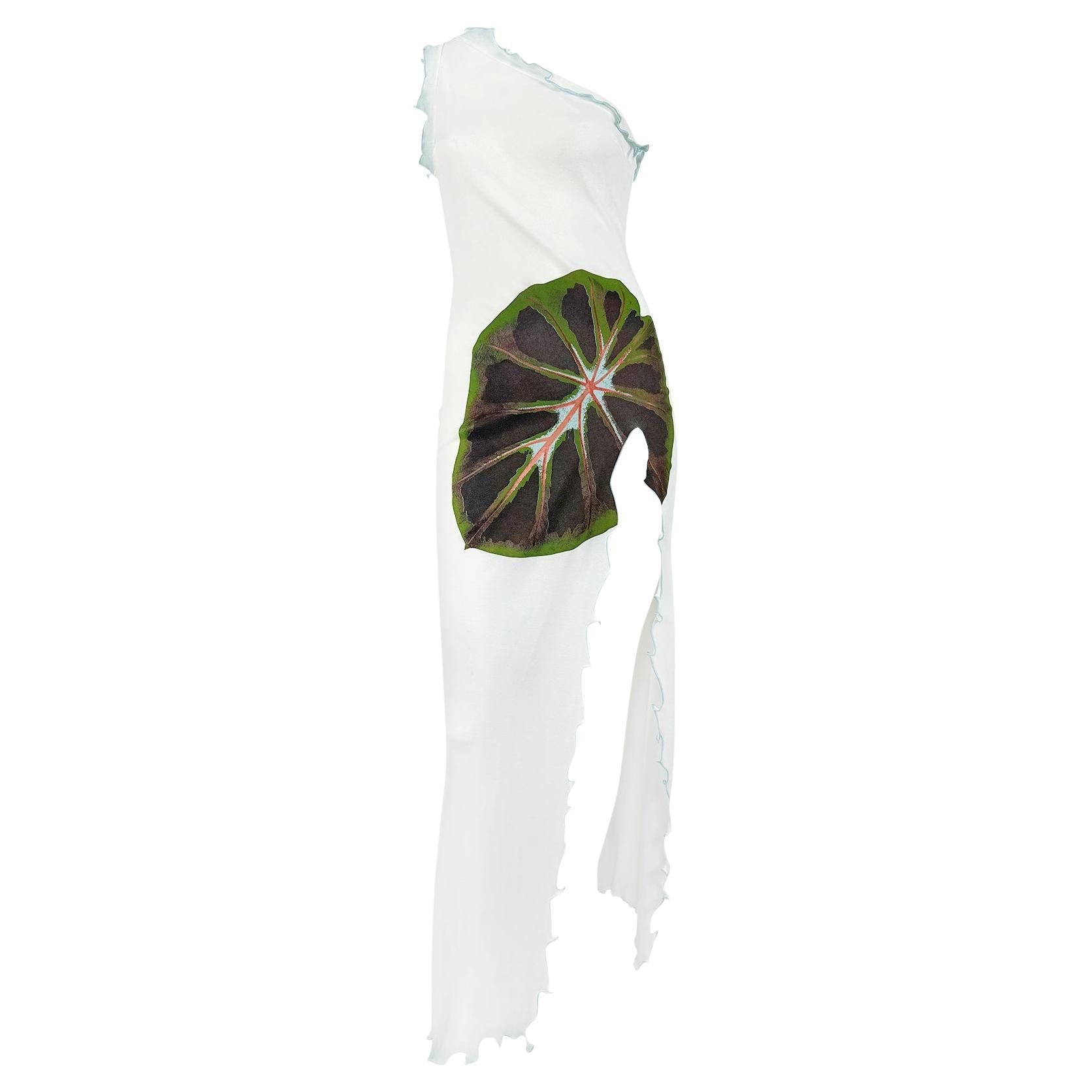 S/S 2000 Christian Lacroix High-Slit White Asymmetric Maxi Ruffle Trim Dress