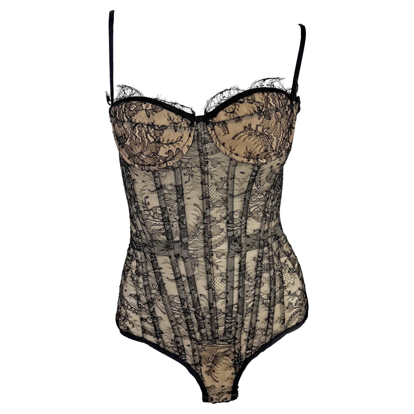 2003 Roberto Cavalli Beige Lace-Up Corset Bustier Bodysuit Black Lace Overlay