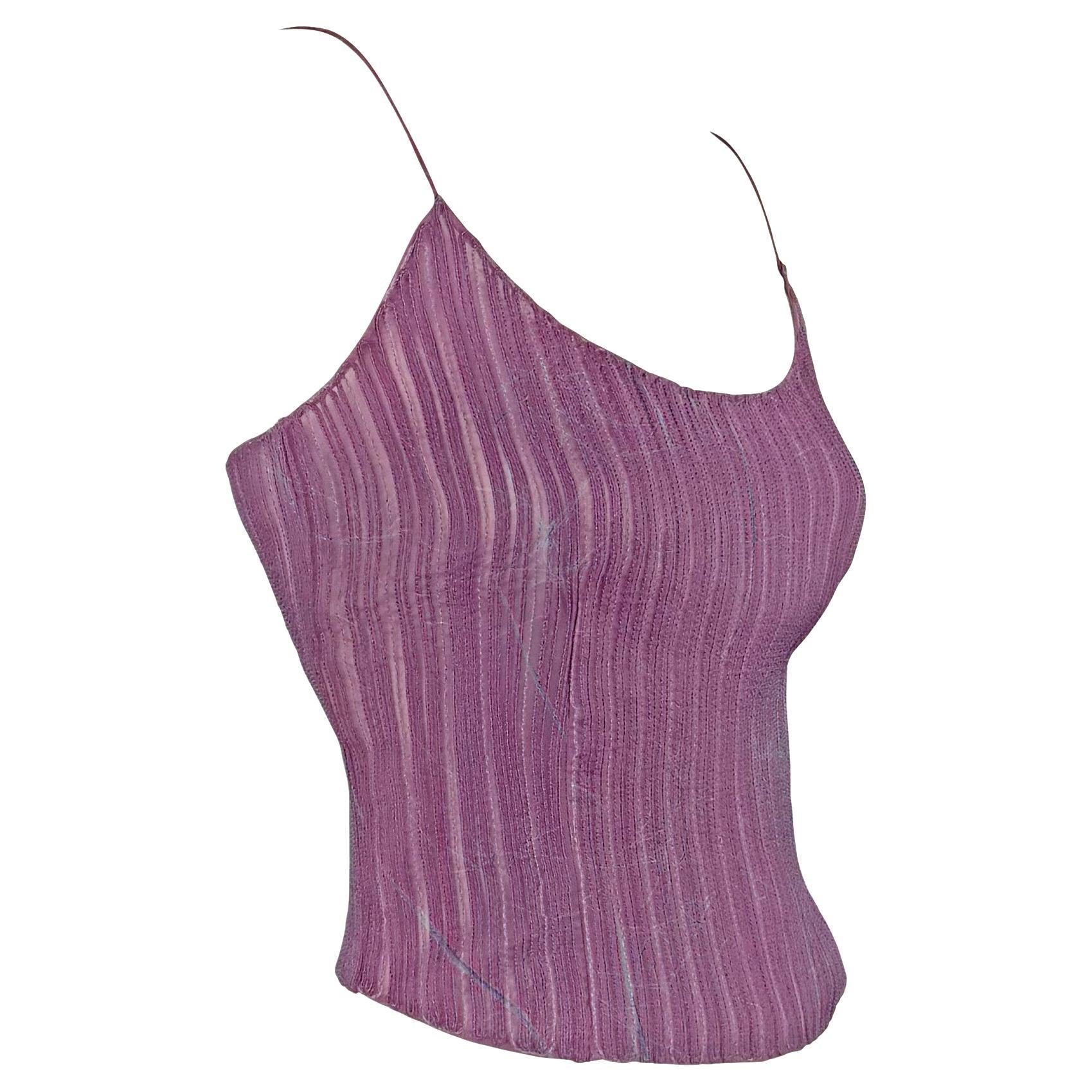 S/S 2000 Giorgio Armani Runway Sheer Embroidered Silk Purple Tank Crop Top