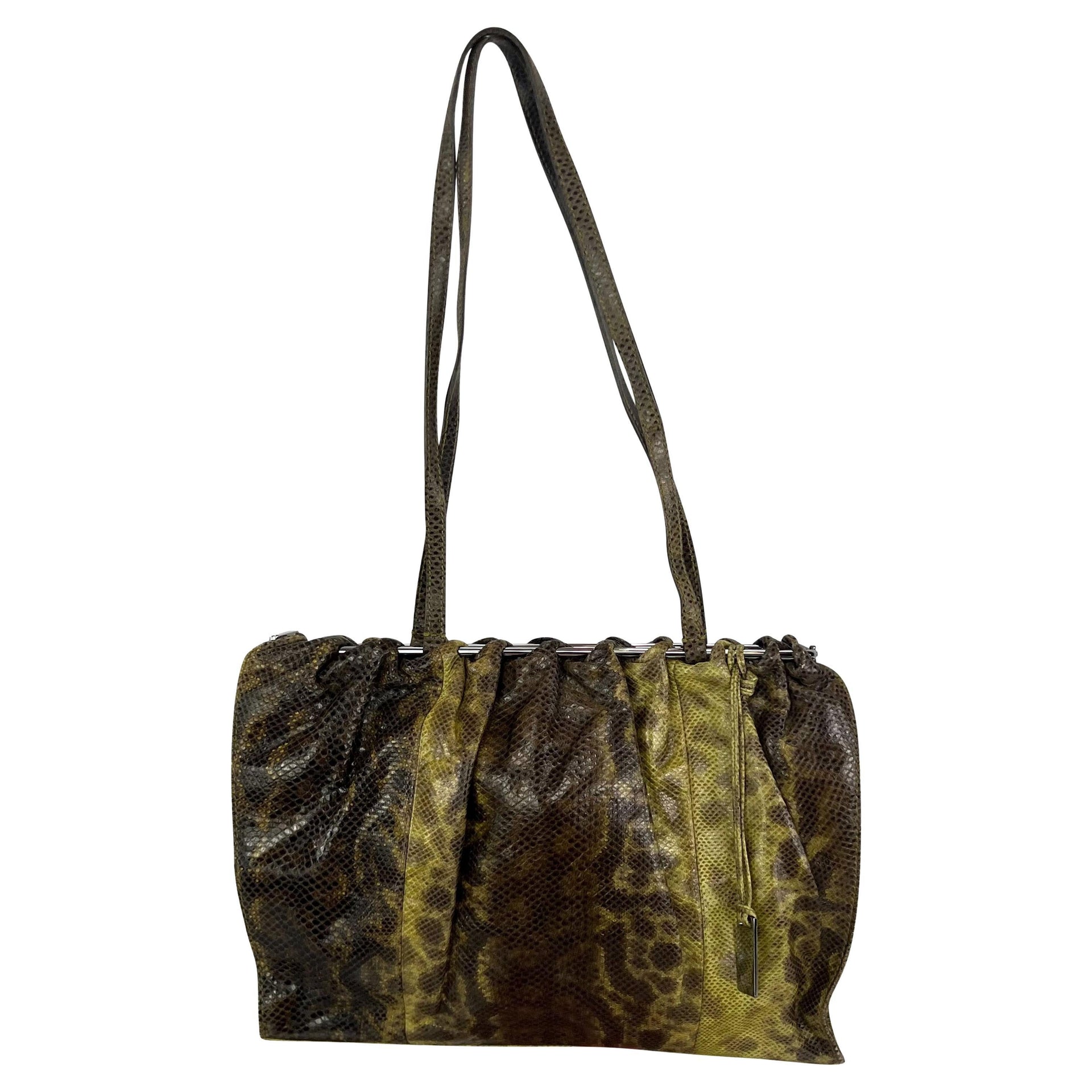 F/W 1999 Gucci by Tom Ford Green Karung Snakeskin Silver Bar Shoulder Bag