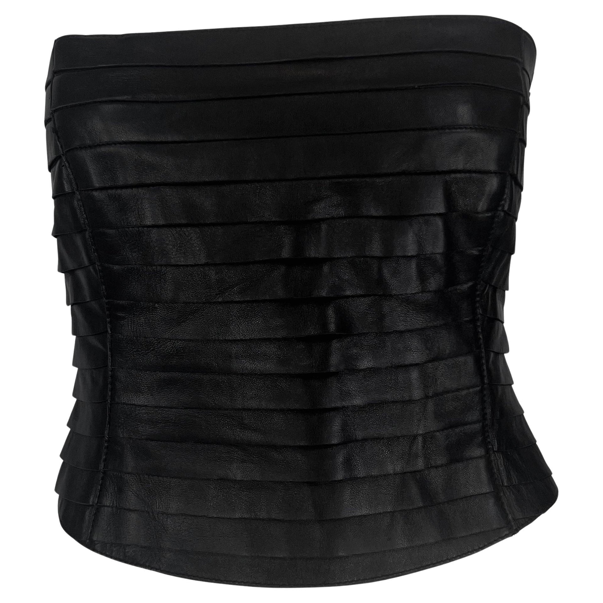 F/W 2000 Giorgio Armani Black Leather Strip Strapless Bustier Crop Top