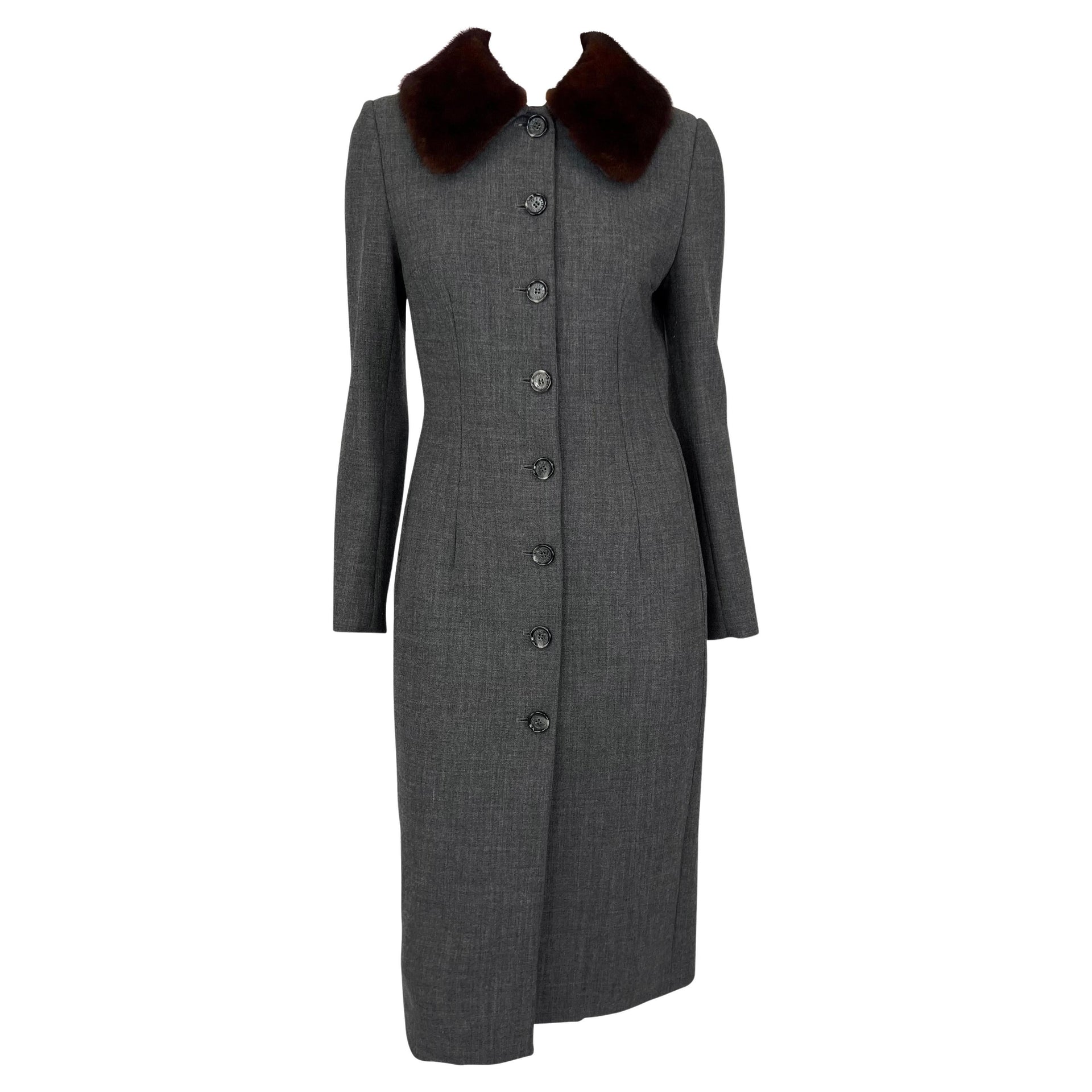 1990s Dolce & Gabbana Genuine Mink Fur Trim Charcoal Grey Stretch Wool Coat