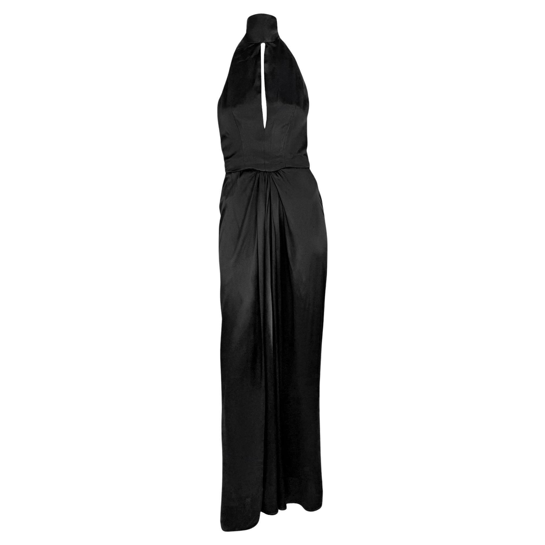 Early 1980s Bob Mackie Backless Halter Tie Black Satin Evening Gown