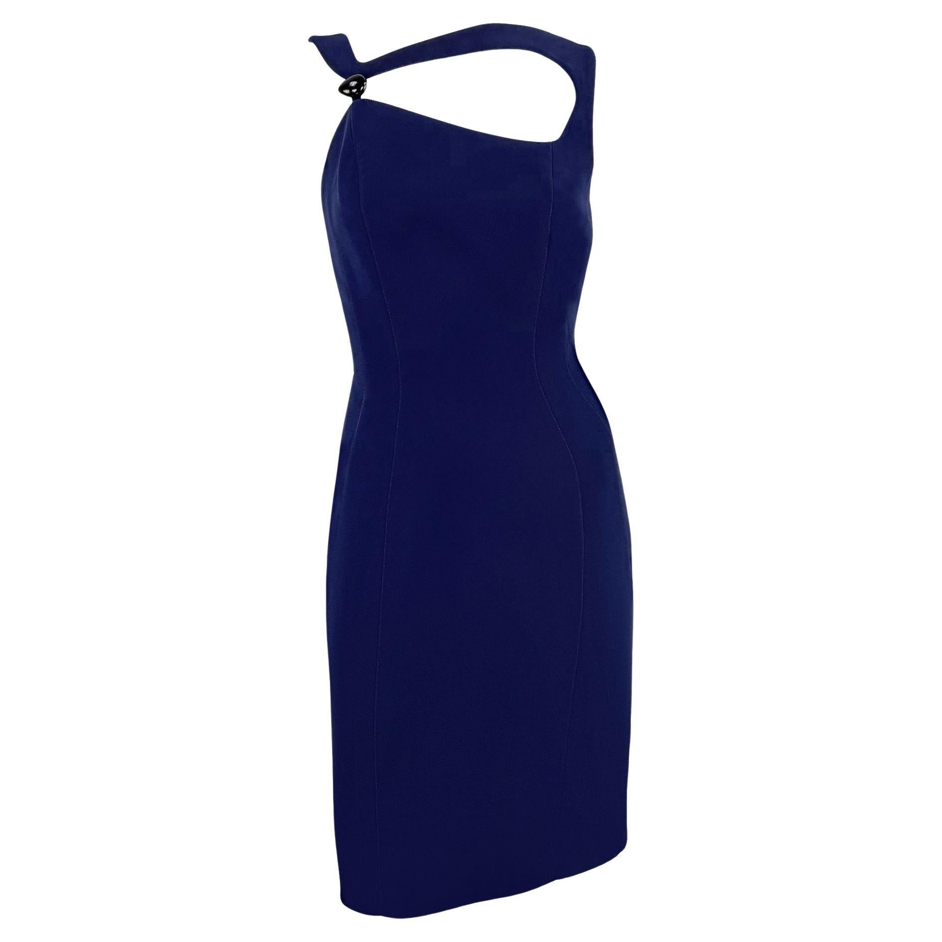 S/S 1999 Thierry Mugler Runway Navy Abstract Brooch Midi Pencil Dress