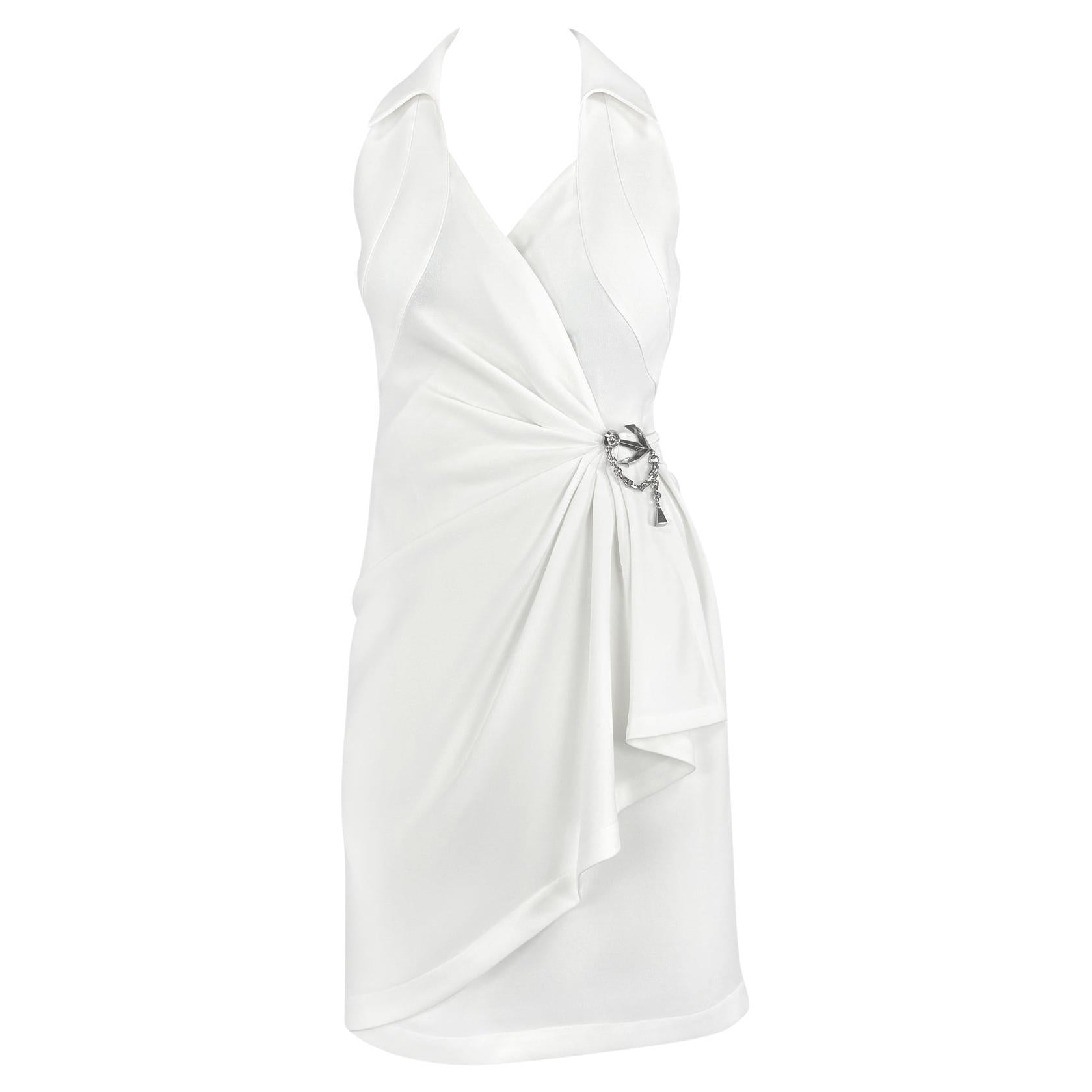 1990s Thierry Mugler Anchor Brooch Collared White Plunging Wrap Dress