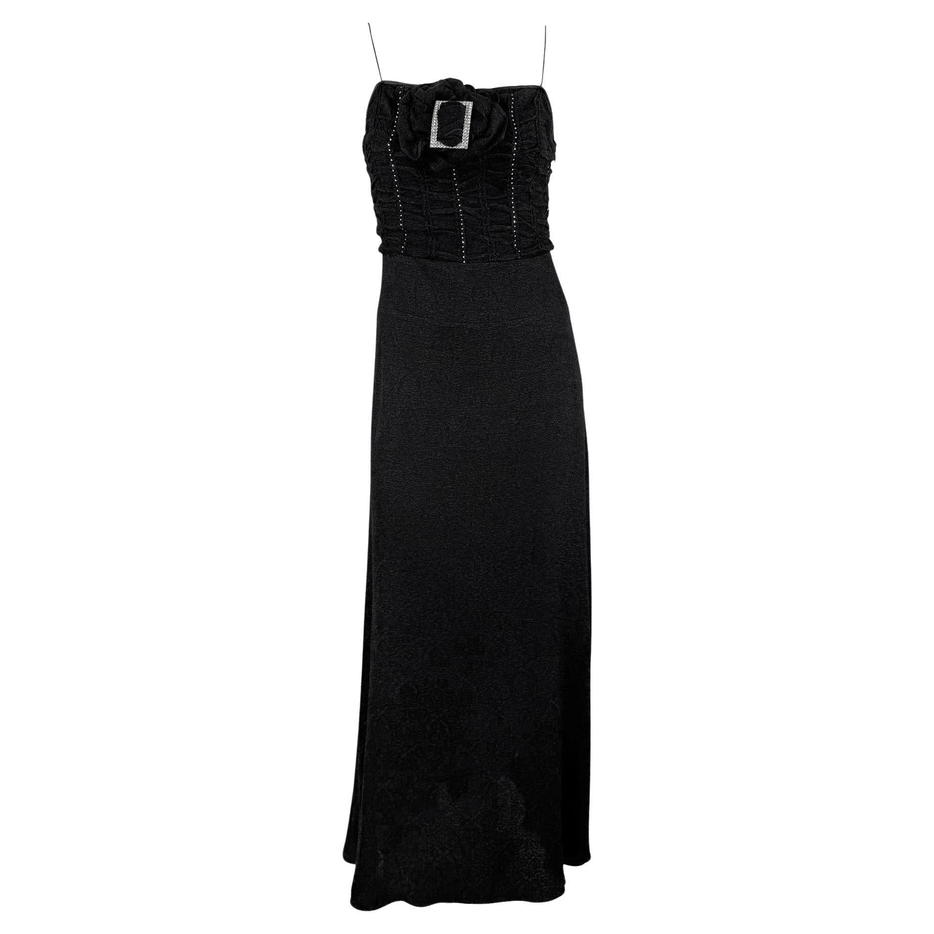 S/S 2003 John Galliano Rhinestone Buckle Black Floral Ruffle Slip Gown