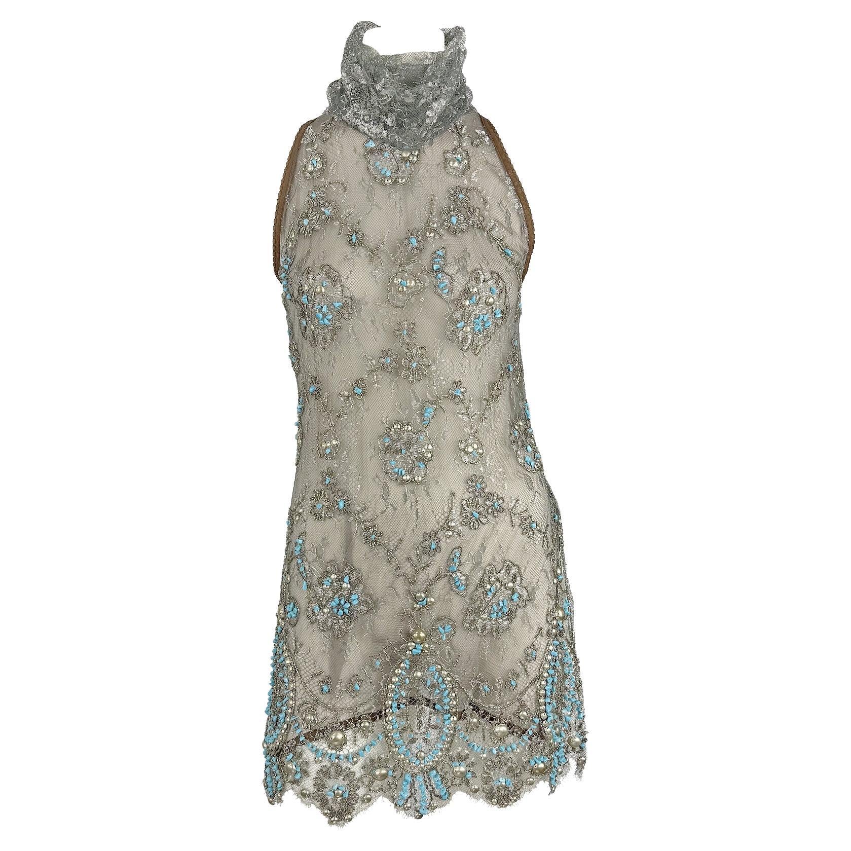 S/S 2006 Gianfranco Ferré Sheer Turquoise Beaded Lace Sleeveless Brown Tunic Top