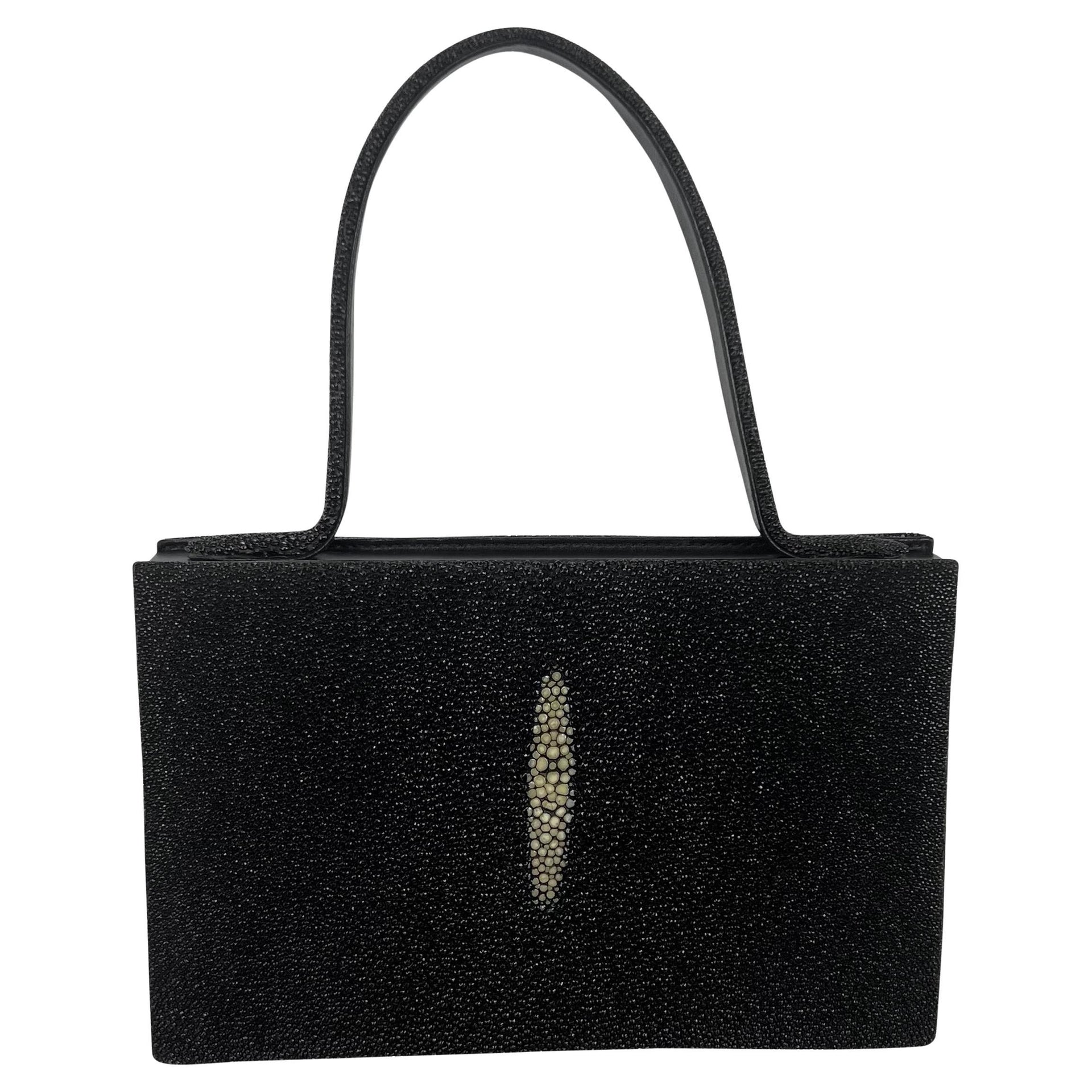 2000s Giorgio Armani Faux Stingray Black Shagreen Wood Frame Mini Evening Bag