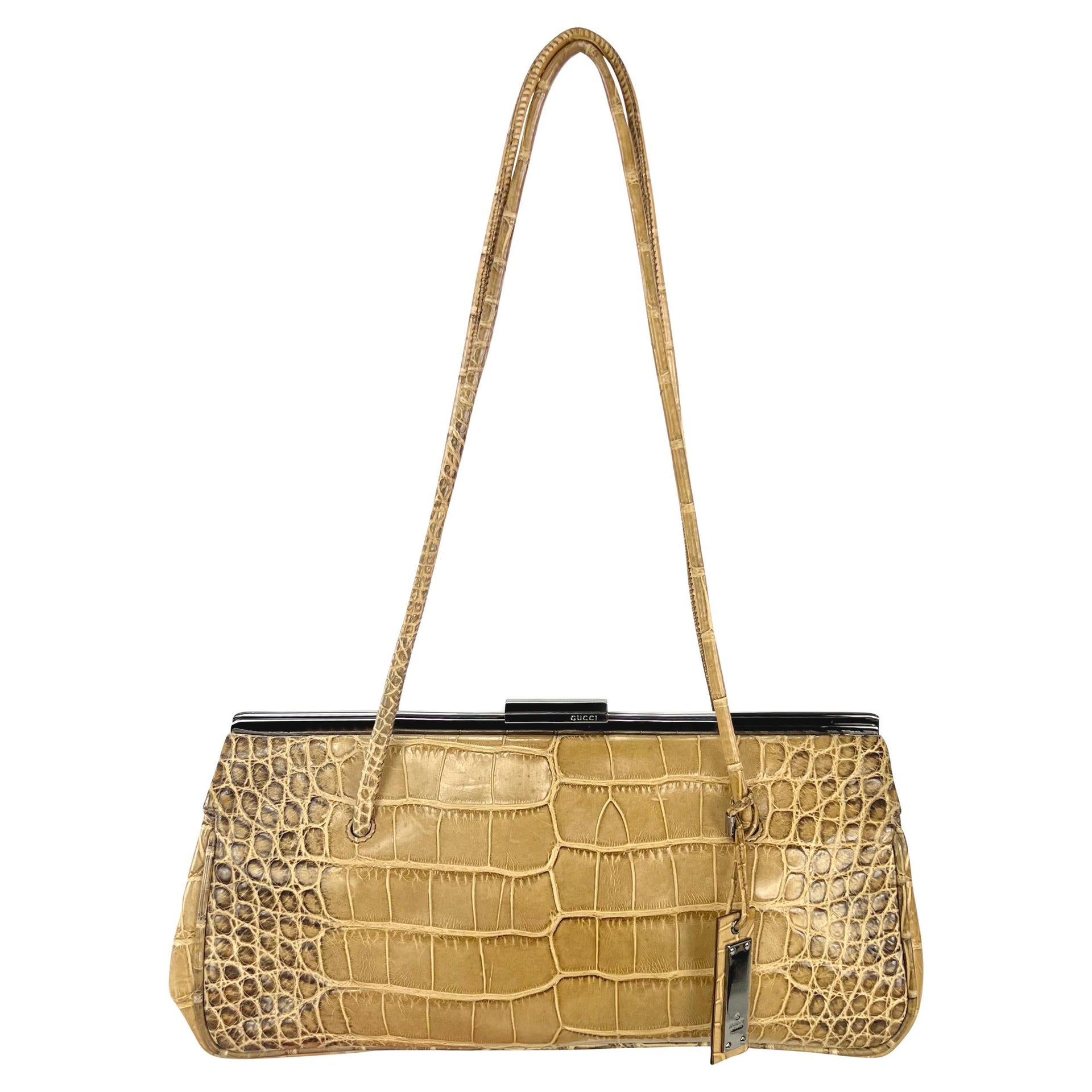 2000s Gucci by Tom Ford Tan Genuine Crocodile Skin Sliding Lock Shoulder Bag