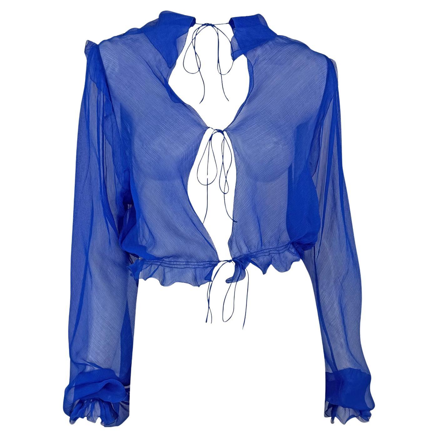 S/S 2000 Fendi by Karl Lagerfeld Runway Sheer Royal Blue Silk Chiffon Blouse