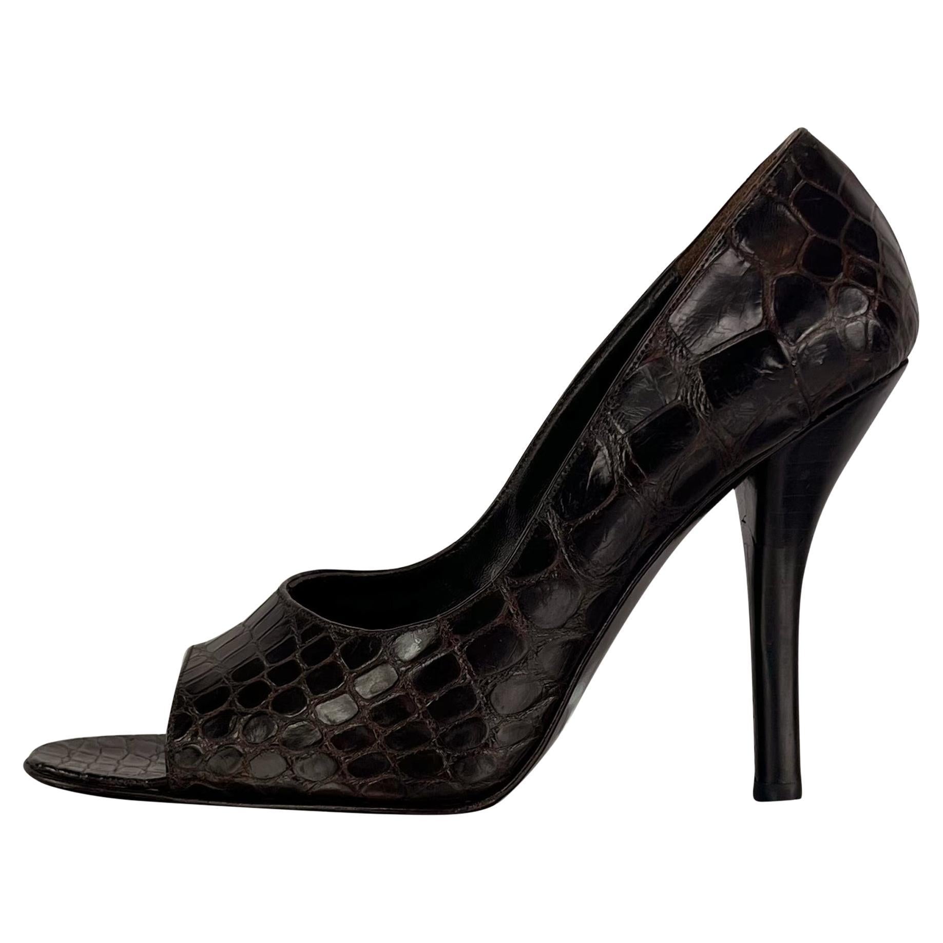 F/W 1998 Gucci by Tom Ford Ad Genuine Alligator Brown Peep Toe Heels Pumps 36.5