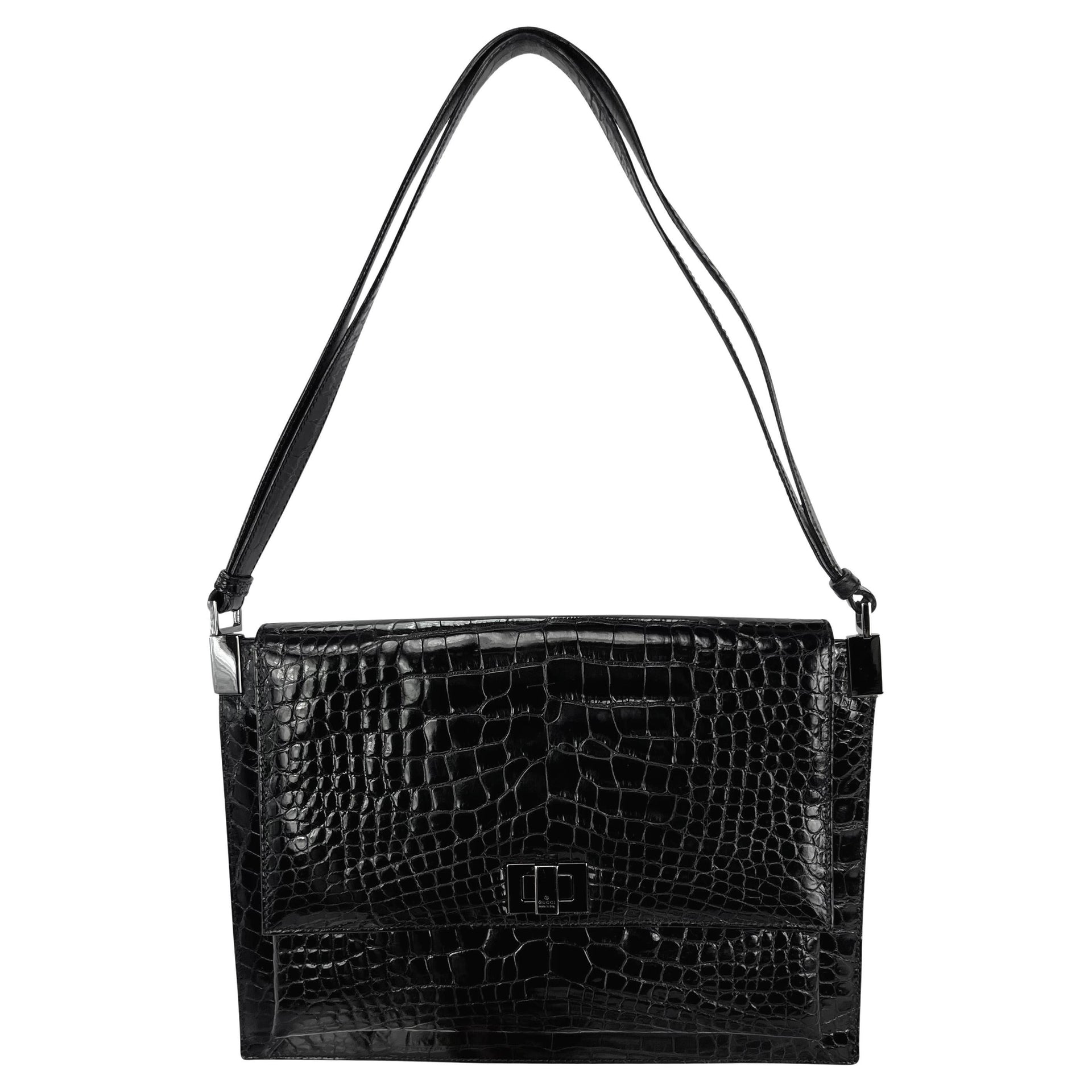 1998 Gucci by Tom Ford Genuine Alligator Skin Glossy Black Flat Shoulder Bag
