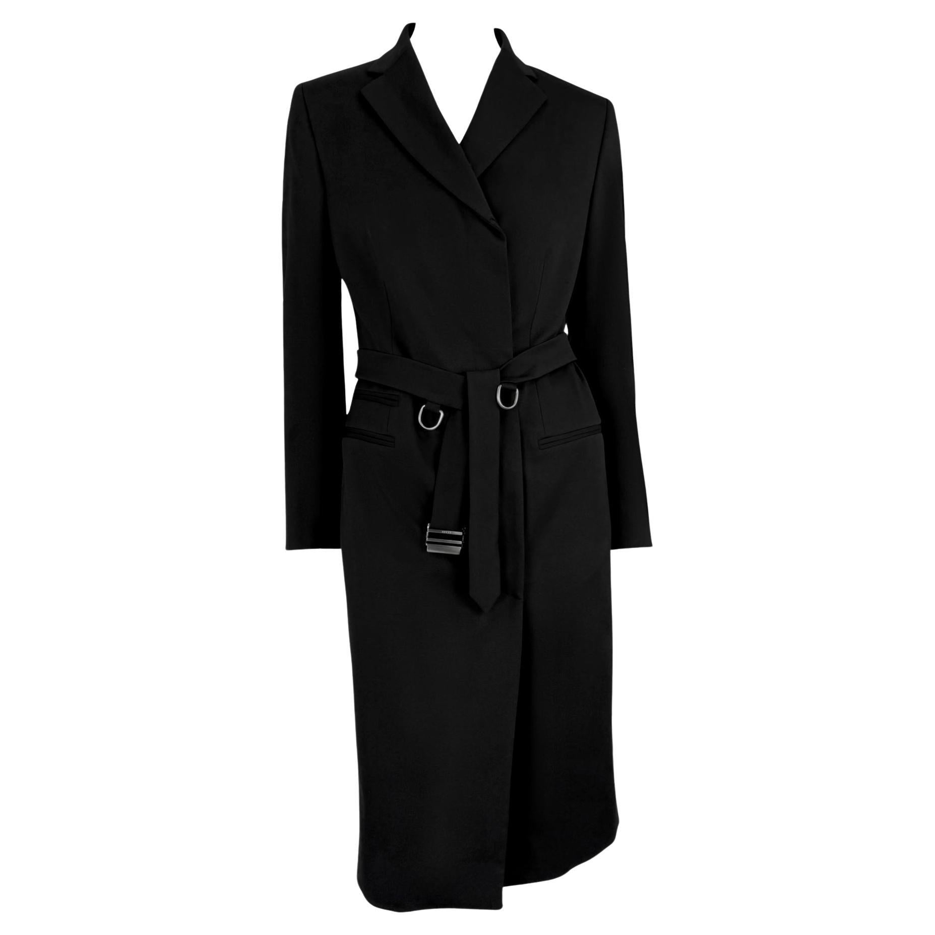 F/W 1998 Gucci by Tom Ford Runway Ring Belted Black Stretch Wool Trench Coat