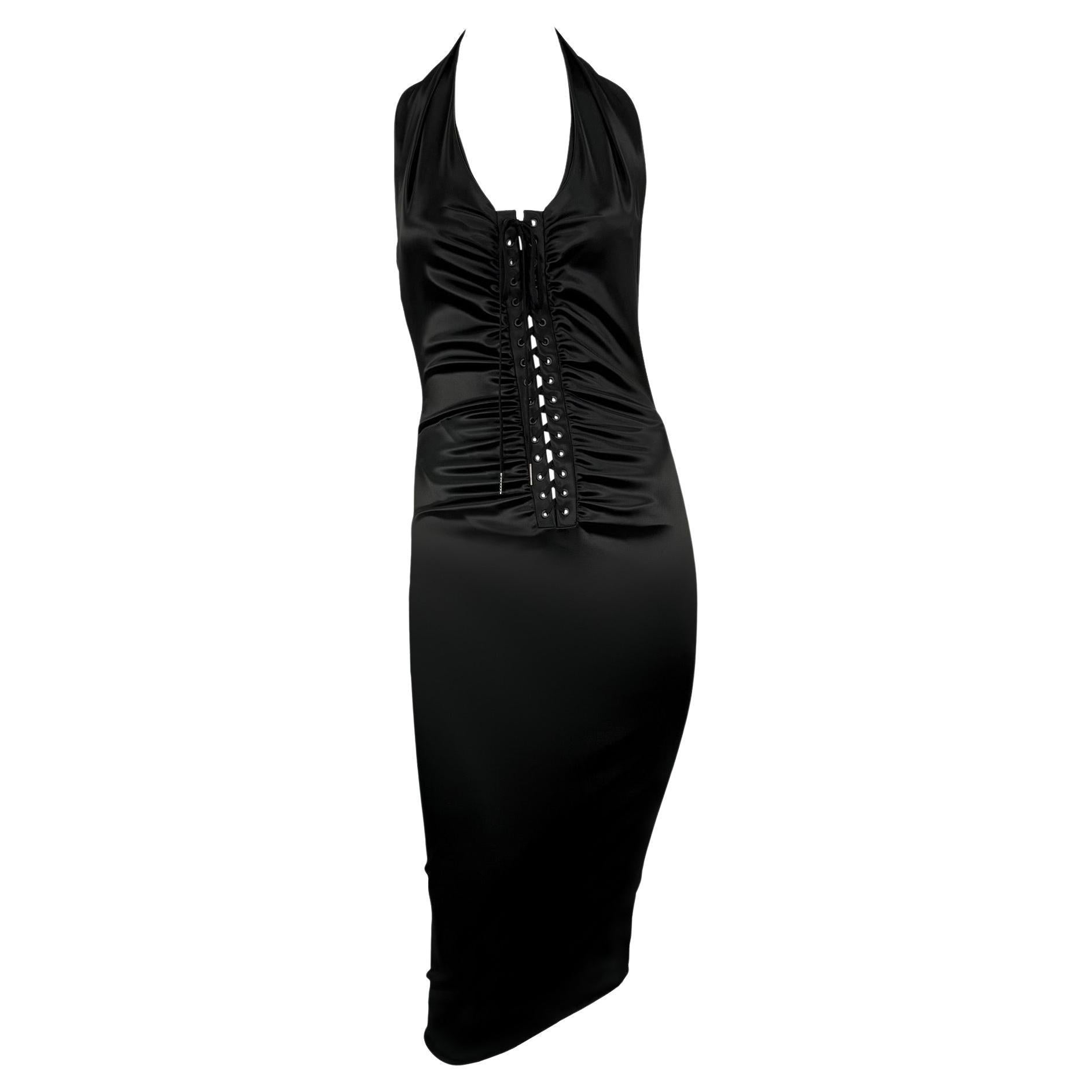 NWT 2000s Dolce & Gabbana Black Corset Lace-Up Bodycon Halter Dress