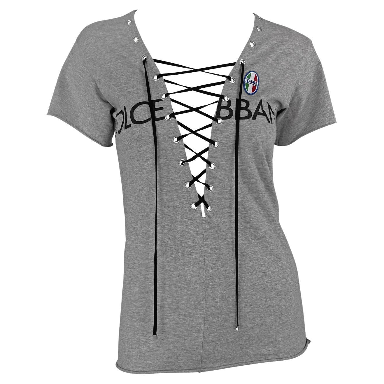 S/S 2003 Dolce & Gabbana Plunging Lace-Up Logo Print Grey T-Shirt Top