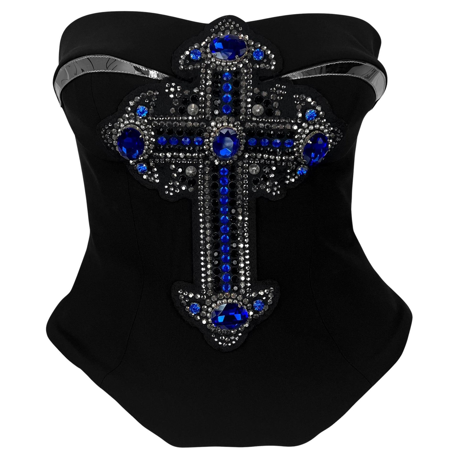 F/W 2012 Versace by Donatella Runway Blue Rhinestone Crucifix Corset Top