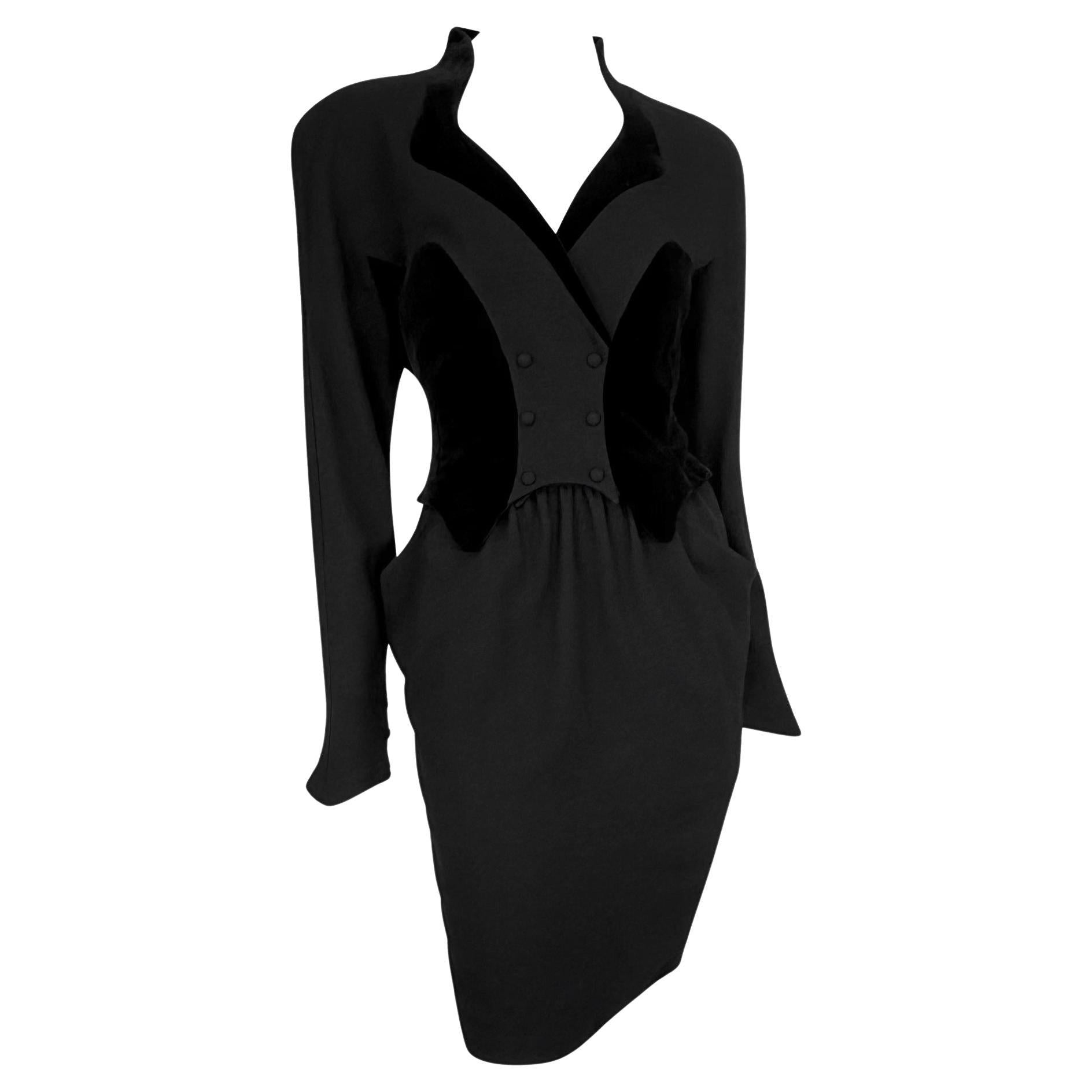 Late 1980s Thierry Mugler Sculptural Velvet Faux Skirt Suit Midi Dress