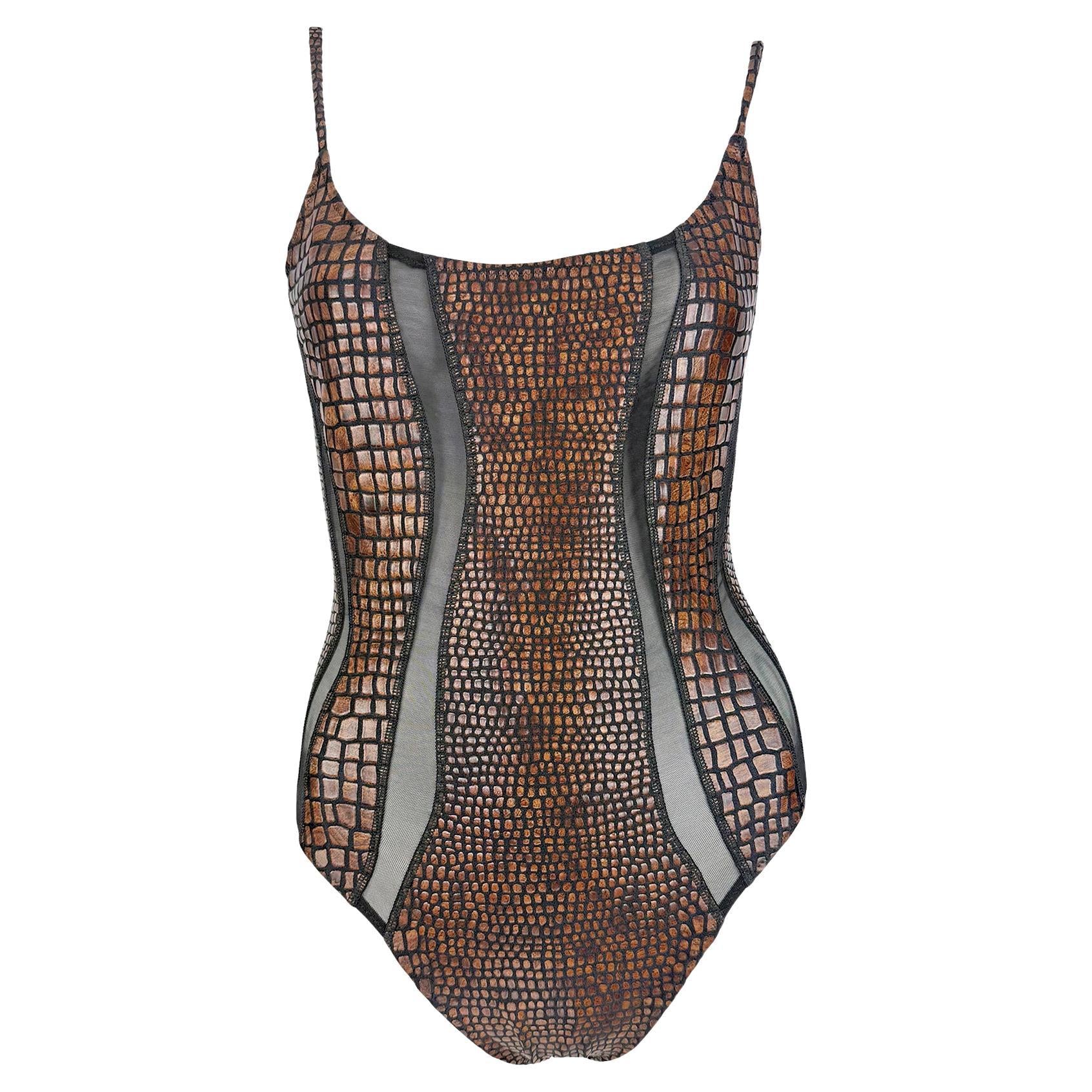S/S 1993 Gianfranco Ferré Ad Brown Scale Print Sheer Cutout One Piece Swimsuit