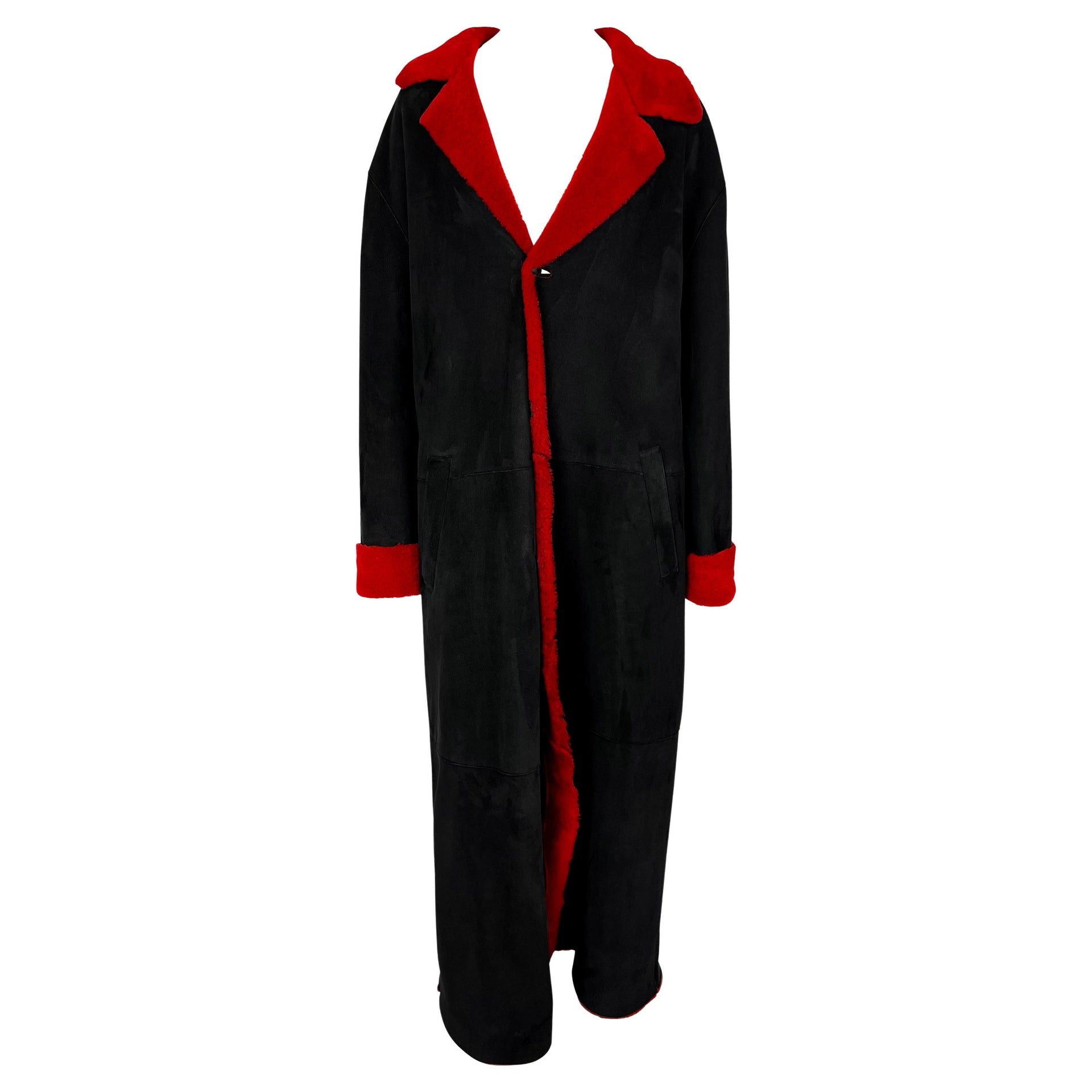 F/W 1998 Gianni Versace by Donatella Mens Runway Red Shearling Black Suede Coat