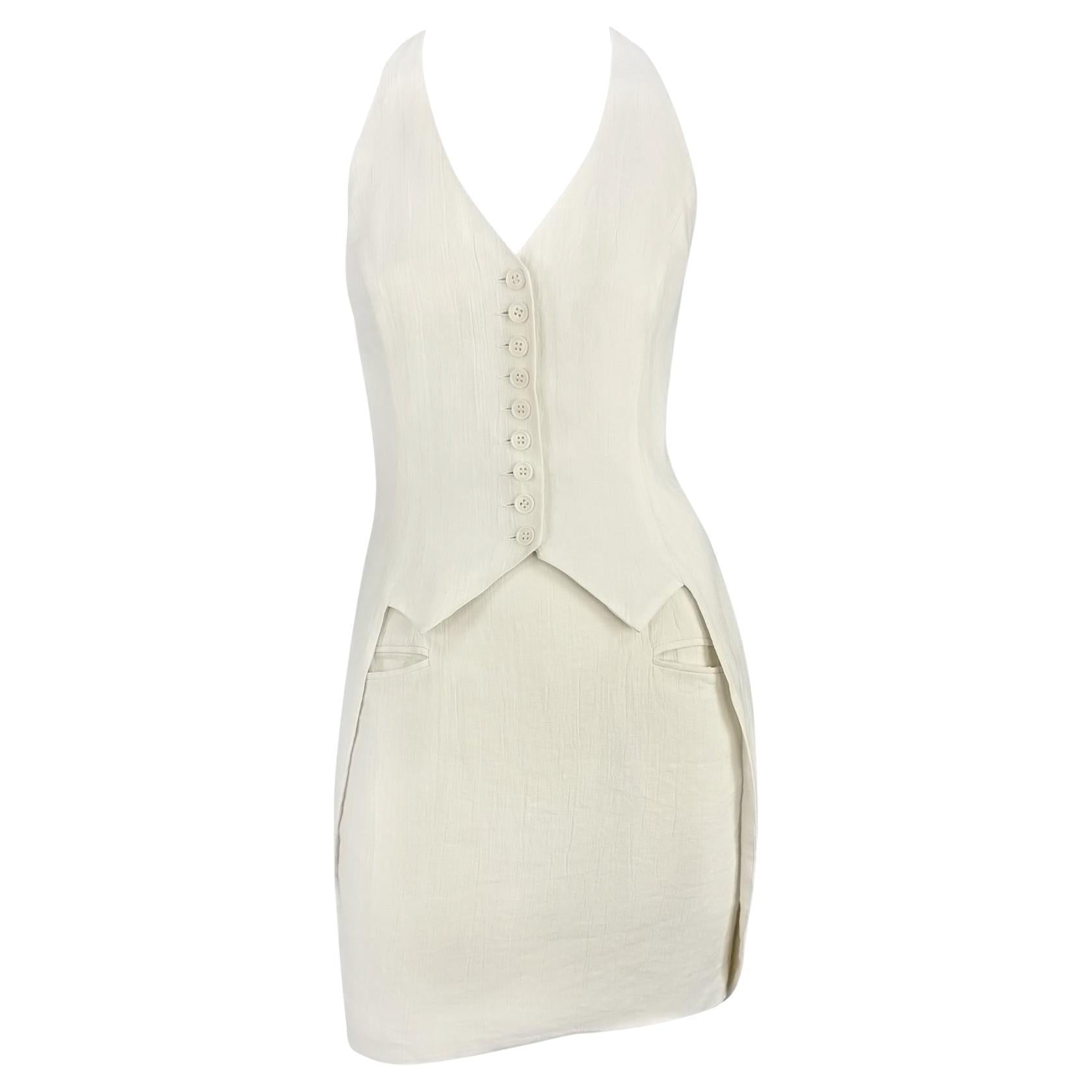 S/S 1994 Norma Kamali Runway Crinkled Off-White Linen Cropped Vest Skirt Set