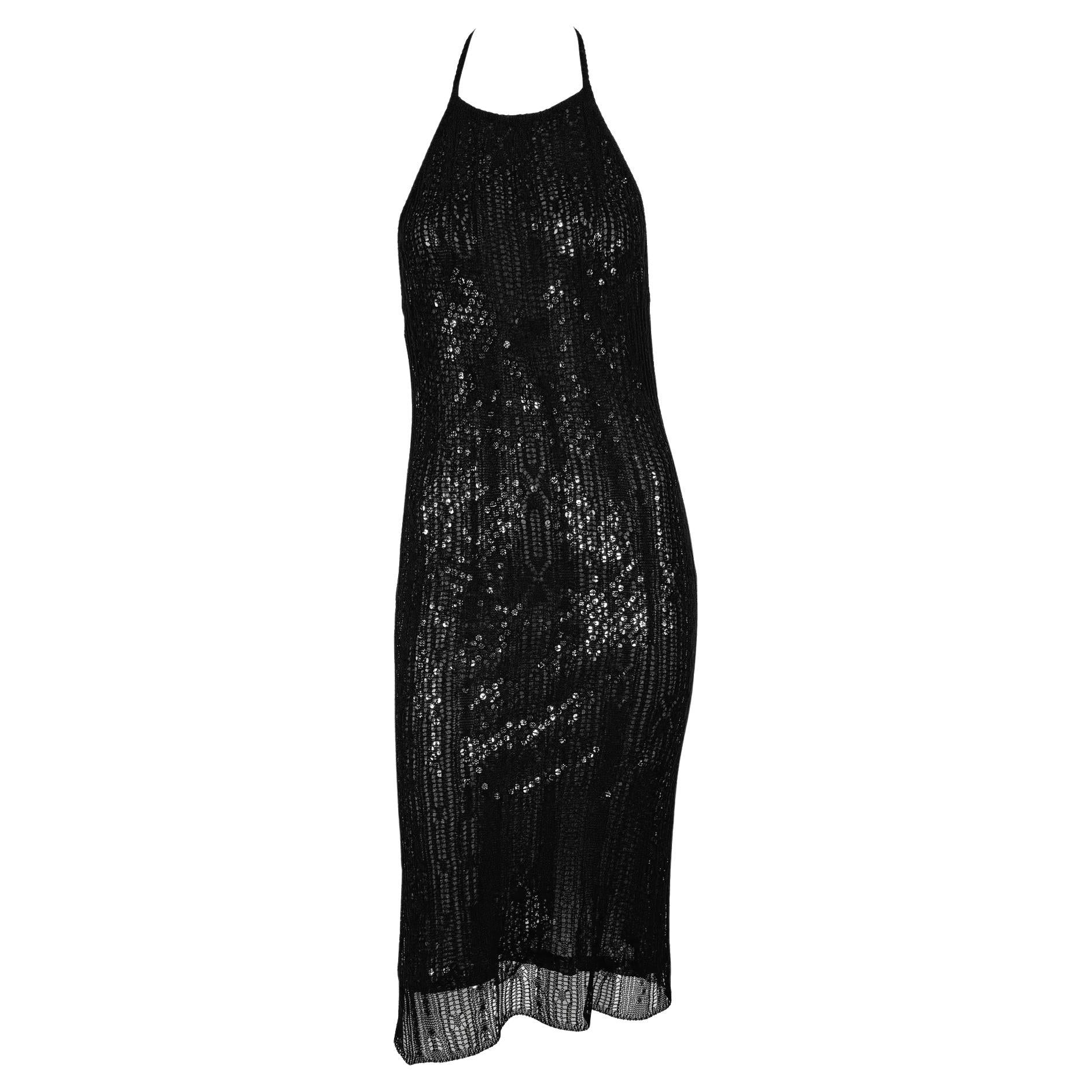 1990s Rifat Ozbek Sheer Black Mesh Overlay Sequin Backless Halter Bodycon Dress