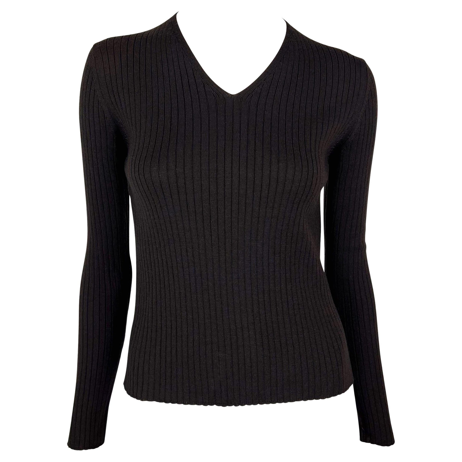 F/W 1997 Gucci by Tom Ford Semi-Sheer Brown Wool V-Neck Stretch Ribbed Sweater