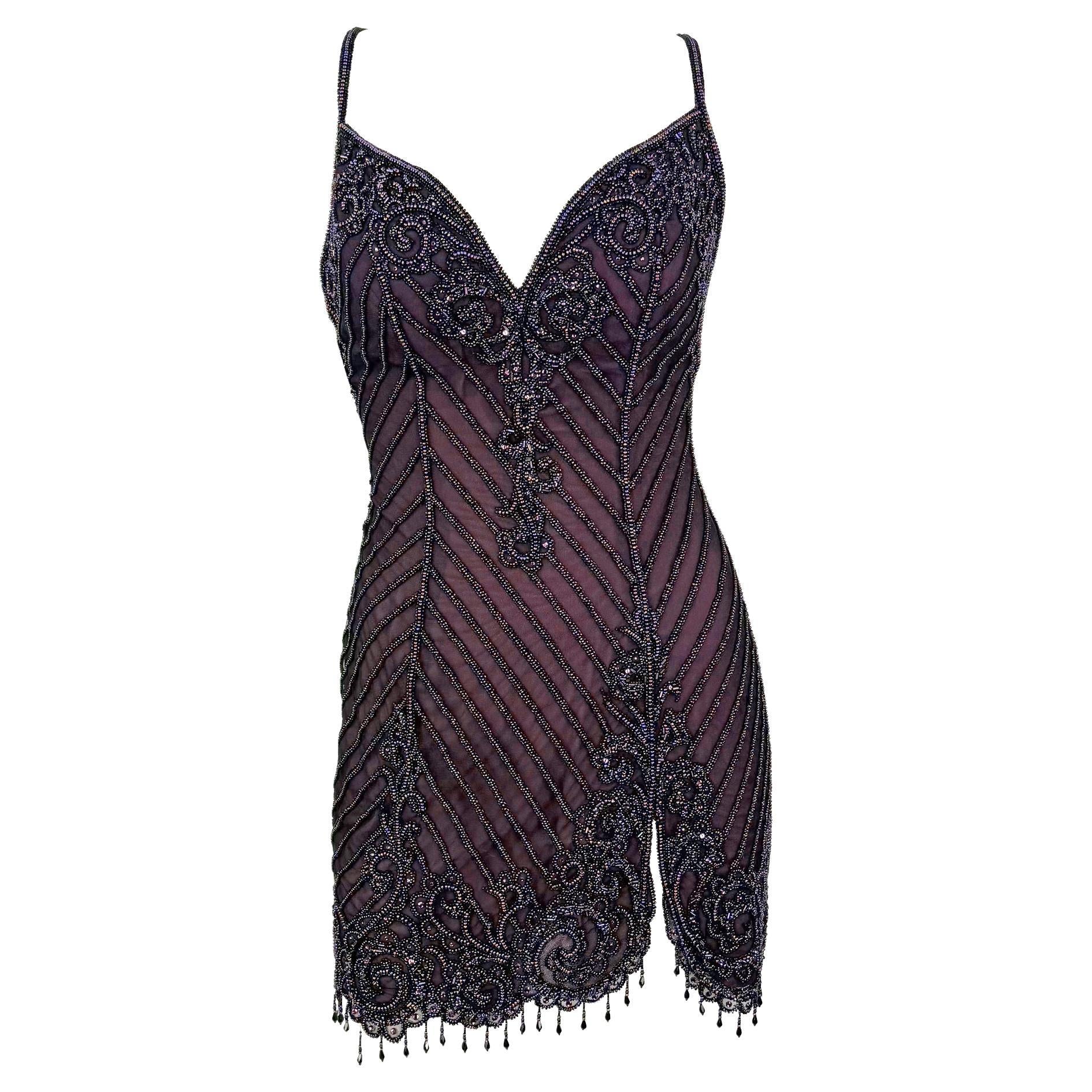 F/W 2001 Bob Mackie 'Foreign Intrigue' Runway Beaded Purple Mini Slip Dress