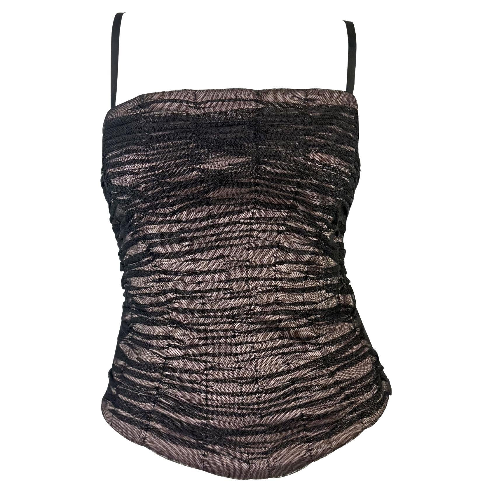 2000s Dolce & Gabbana Pale Pink Satin Ruched Black Mesh Corset Boned Bustier Top