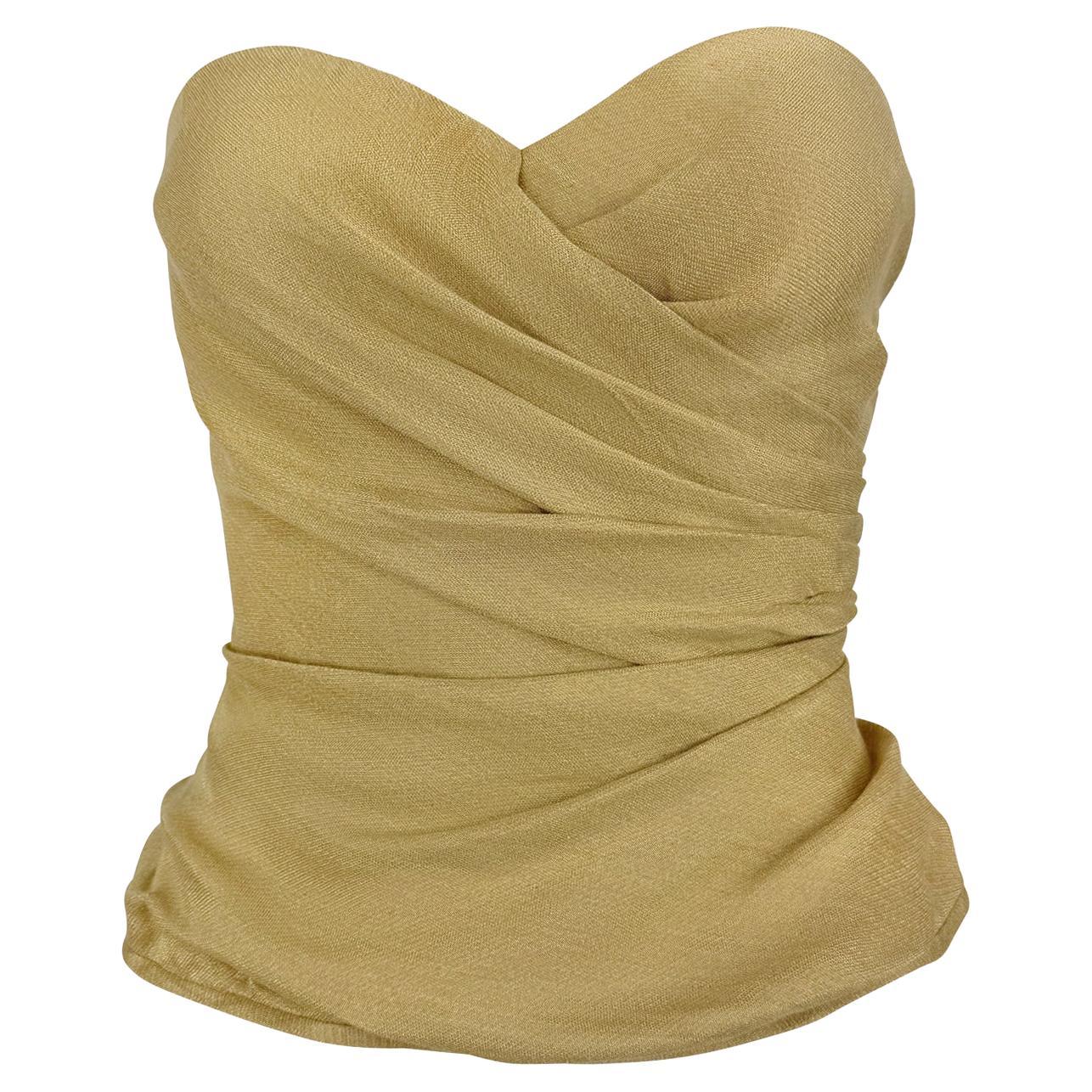 Resort 1992 Donna Karan Runway Gold Linen Lurex Metallic Strapless Bustier Top