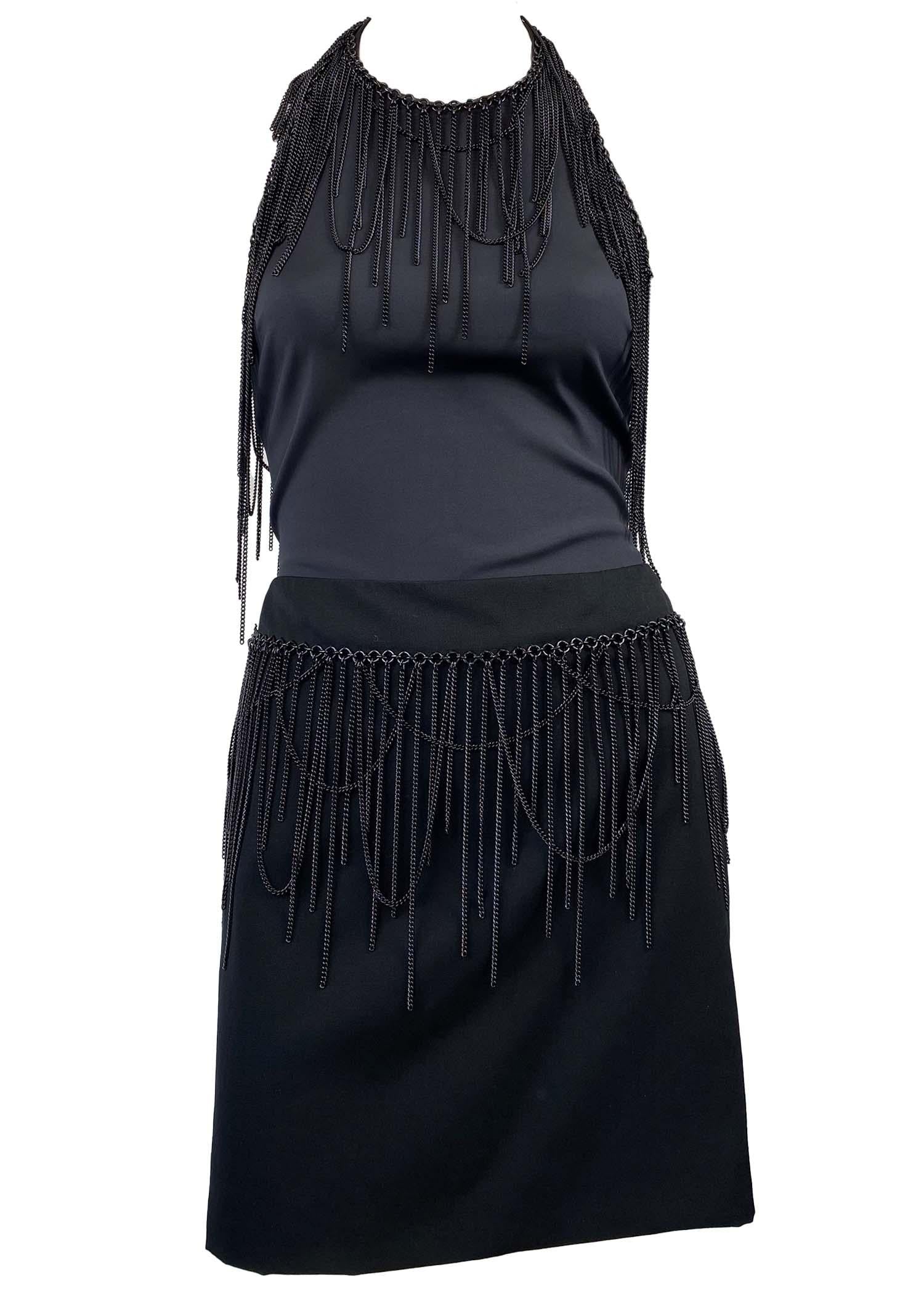F/W 2003 Versace by Donatella Black Halter Tank Top Fringe Chain Skirt Set