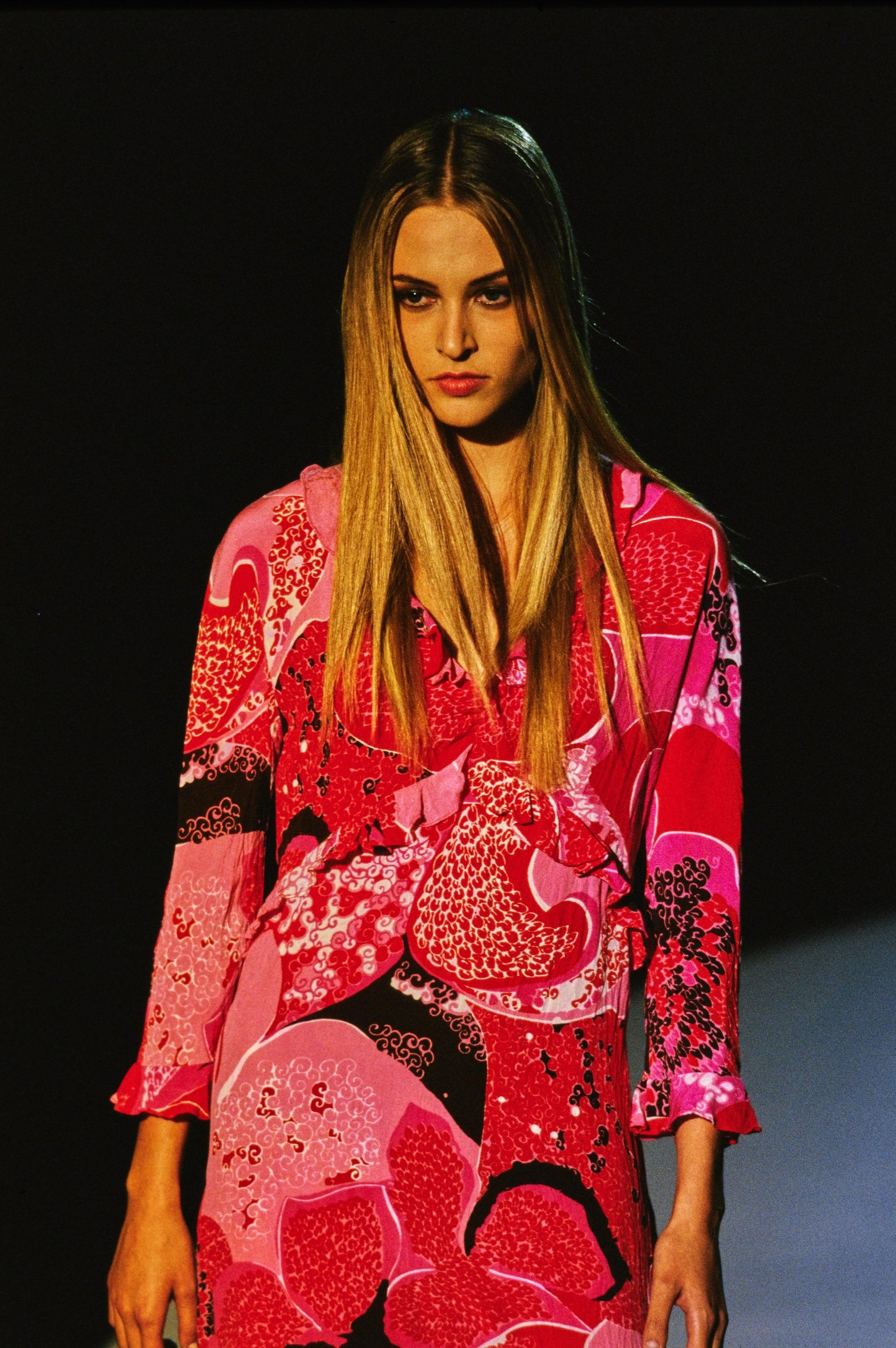 S/S 1999 Gucci by Tom Ford Acid Flower Pink Silk Logo Square Scarf