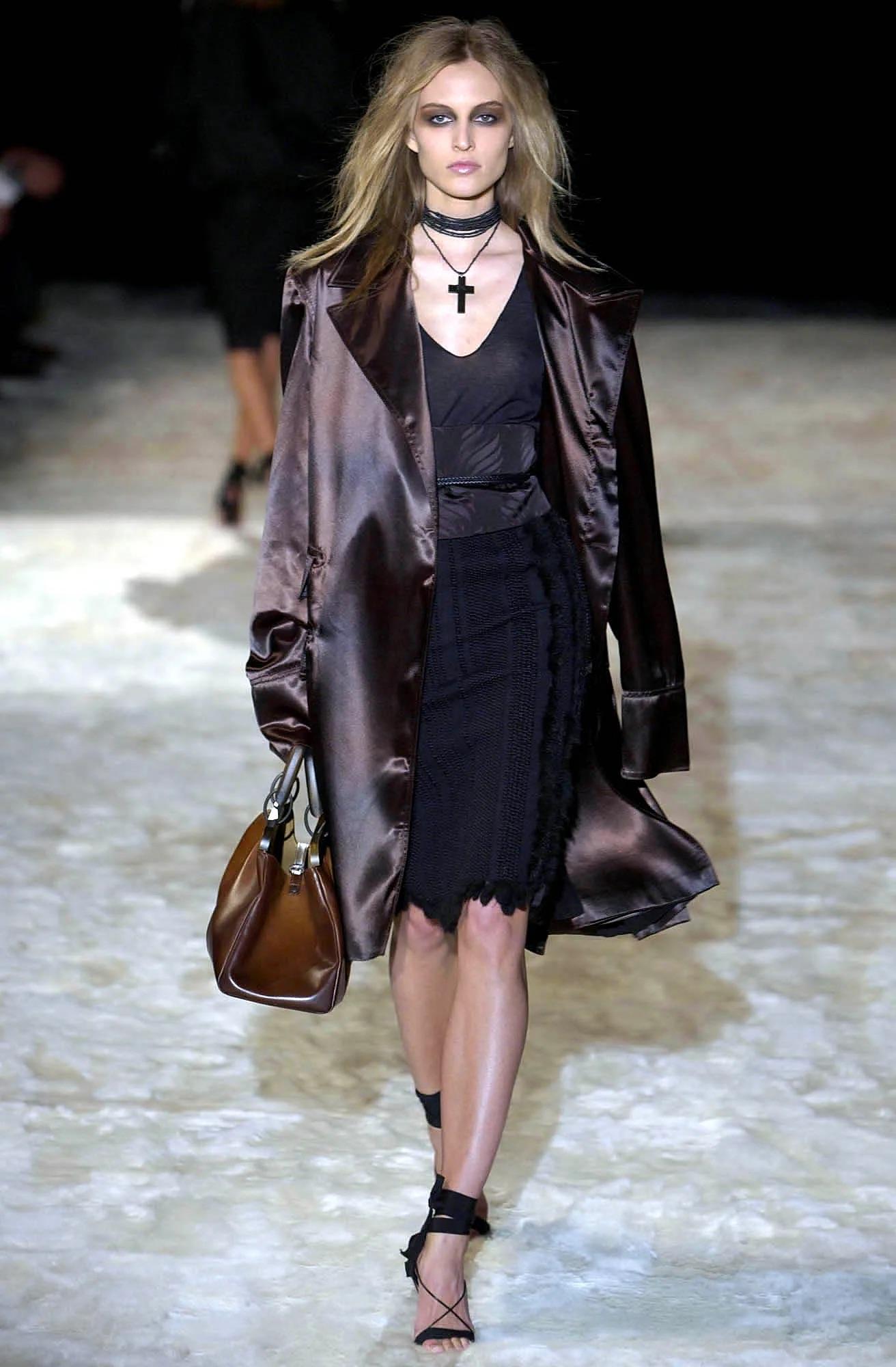 F/W 2002 Gucci by Tom Ford Black Knit Wool Fur Trim Ribbon Pencil Skirt