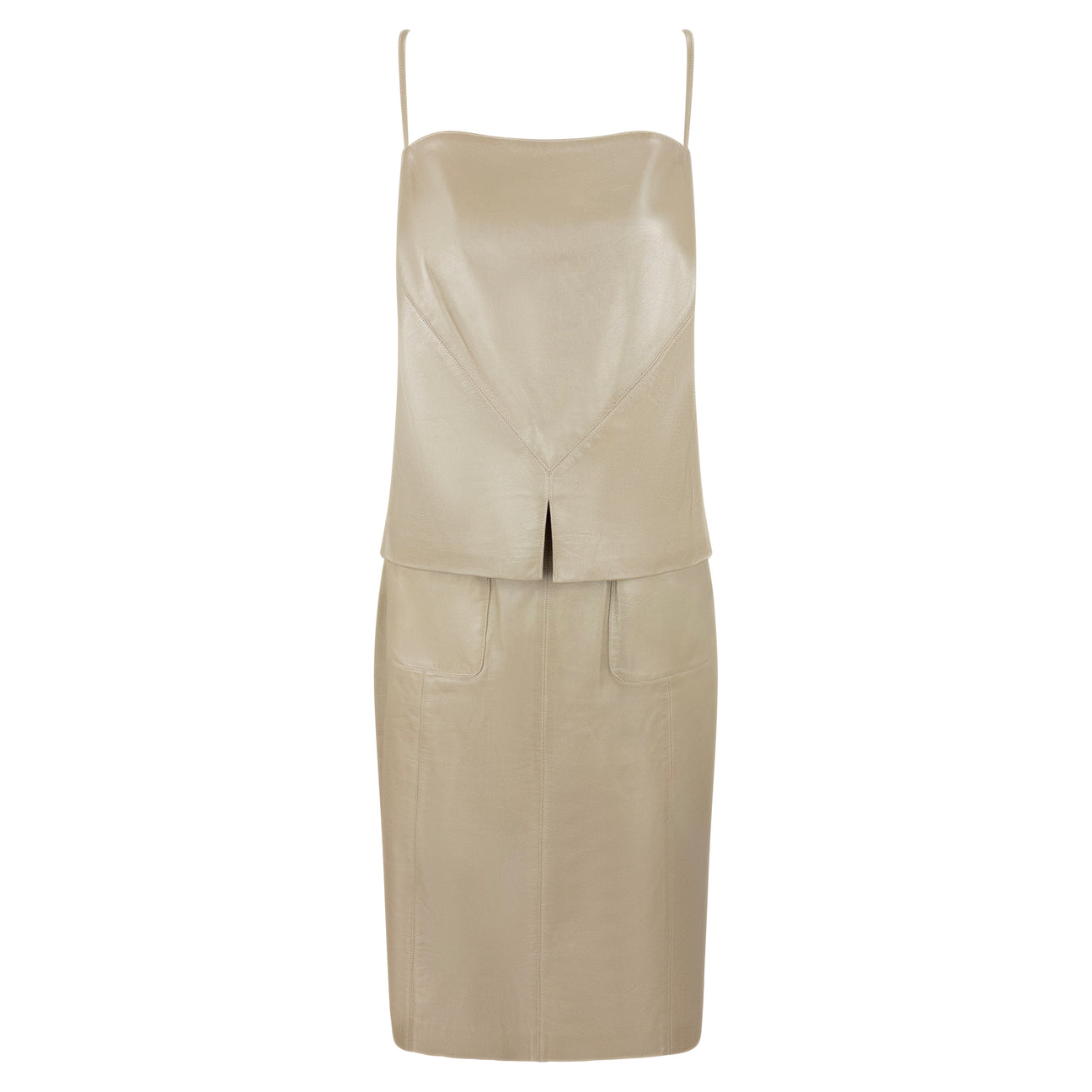 S/S 1999 Chanel by Karl Lagerfeld Shimery Metallic Beige Leather Tank Top Pocket Skirt Set