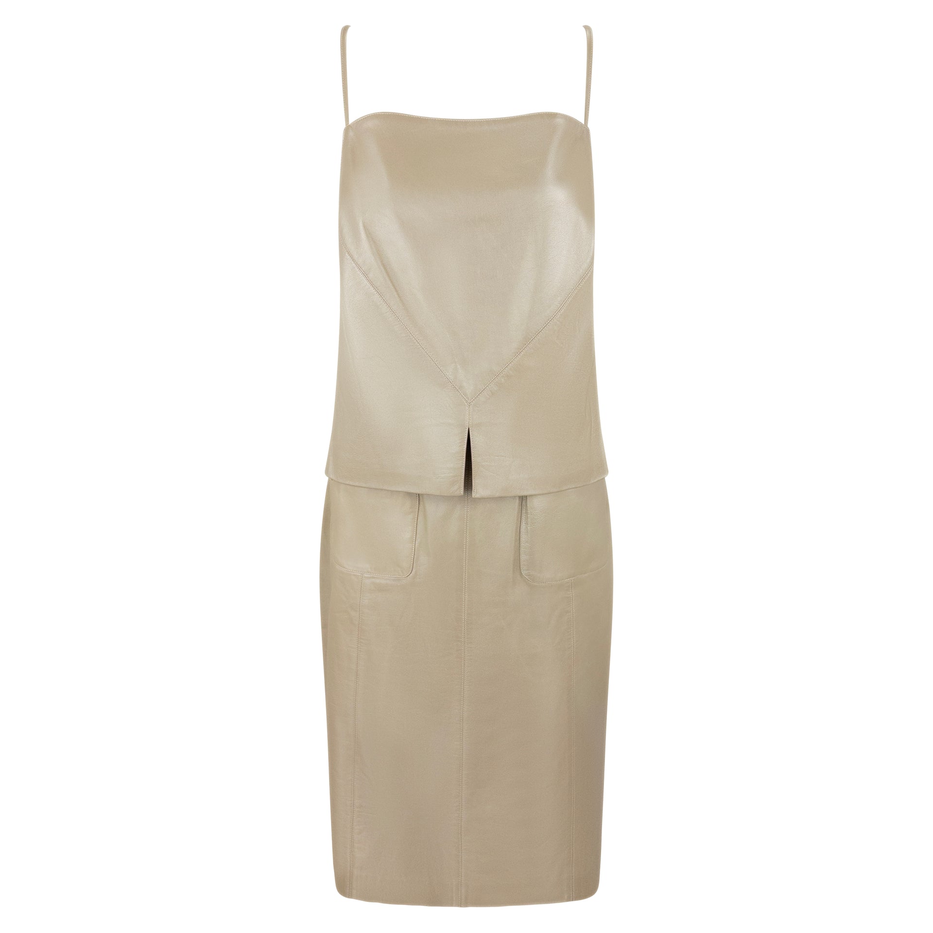 S/S 1999 Chanel by Karl Lagerfeld Shimery Metallic Beige Leather Tank Top Pocket Skirt Set