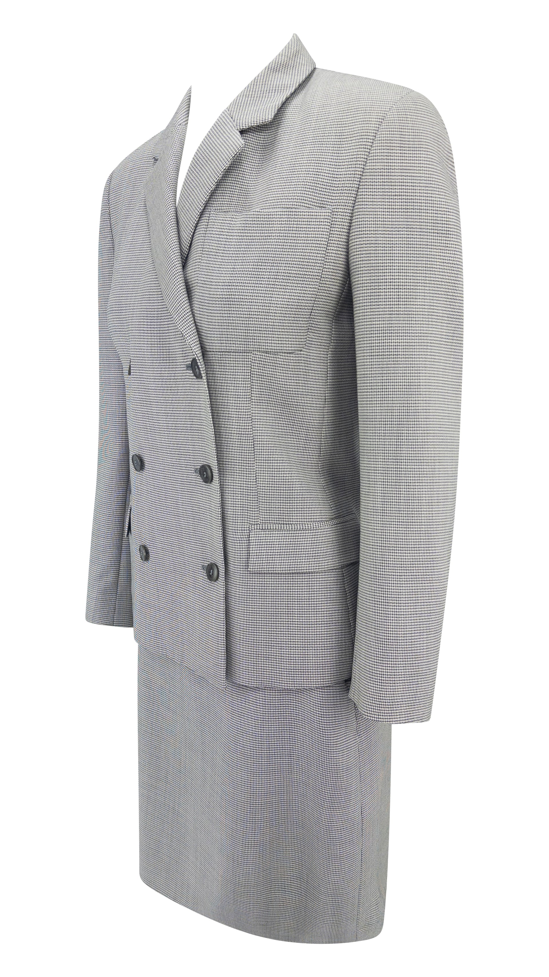 Early 2000s Calvin Klein Grey Wool Mohair Double Breasted Mini Skirt Suit
