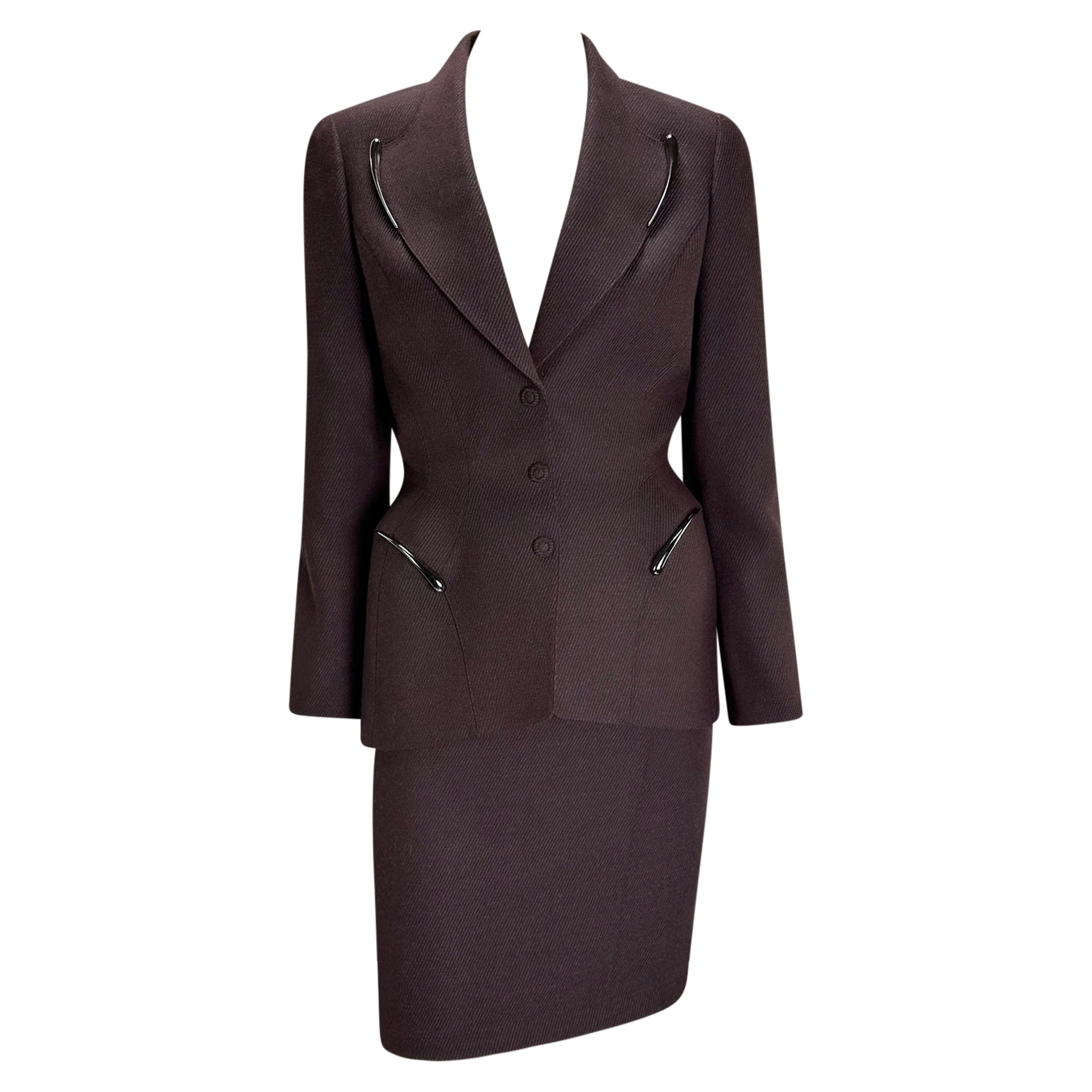 F/W 1998 Thierry Mugler Runway Burgundy Sculptural Metal Appliqué Skirt Suit