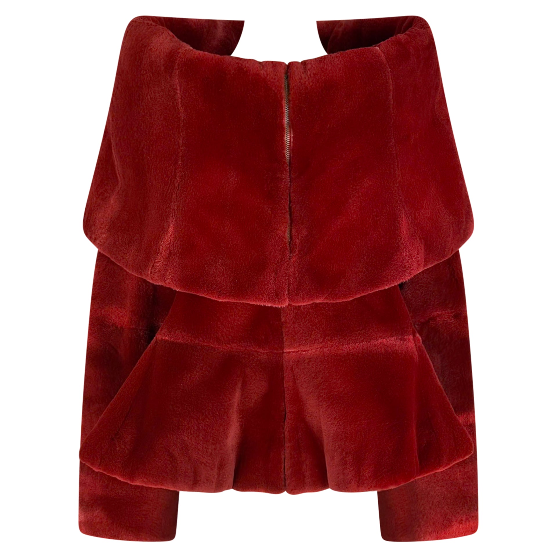 F/W 1988 Claude Montana Runway Deep Red Oversized Collar Flare Fur Coat