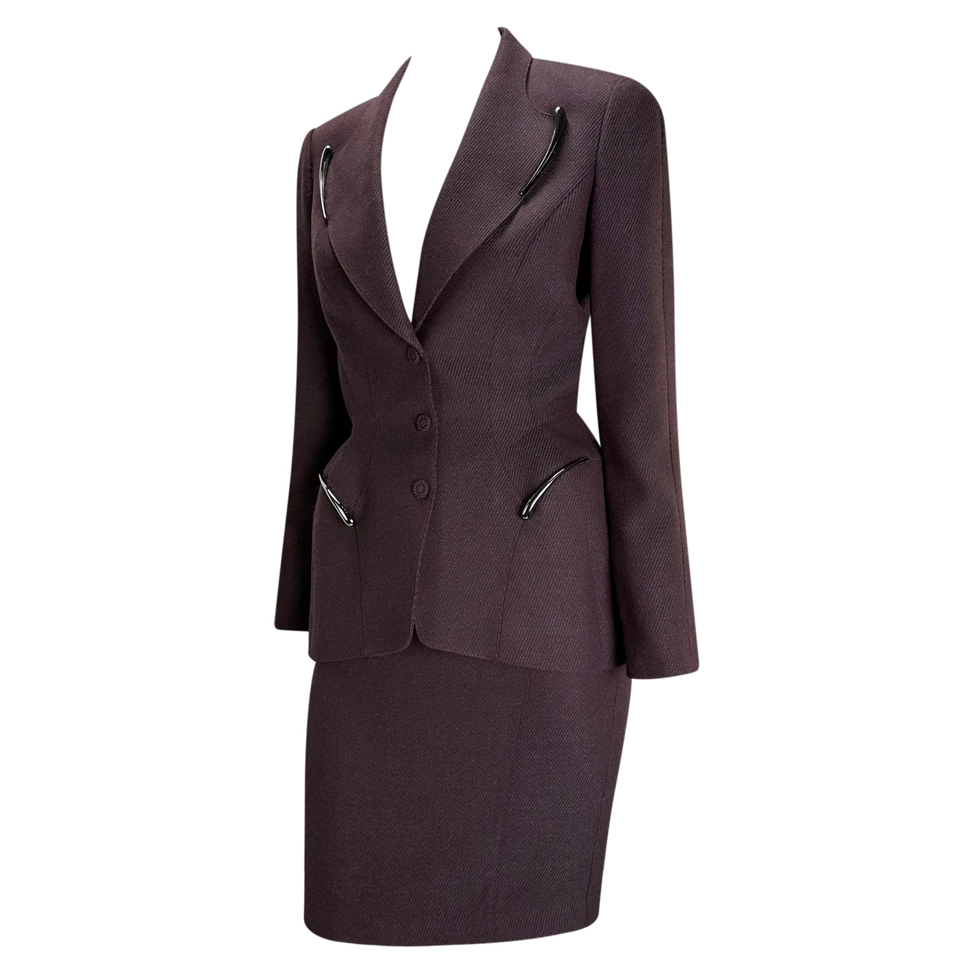 F/W 1998 Thierry Mugler Runway Burgundy Sculptural Metal Appliqué Skirt Suit