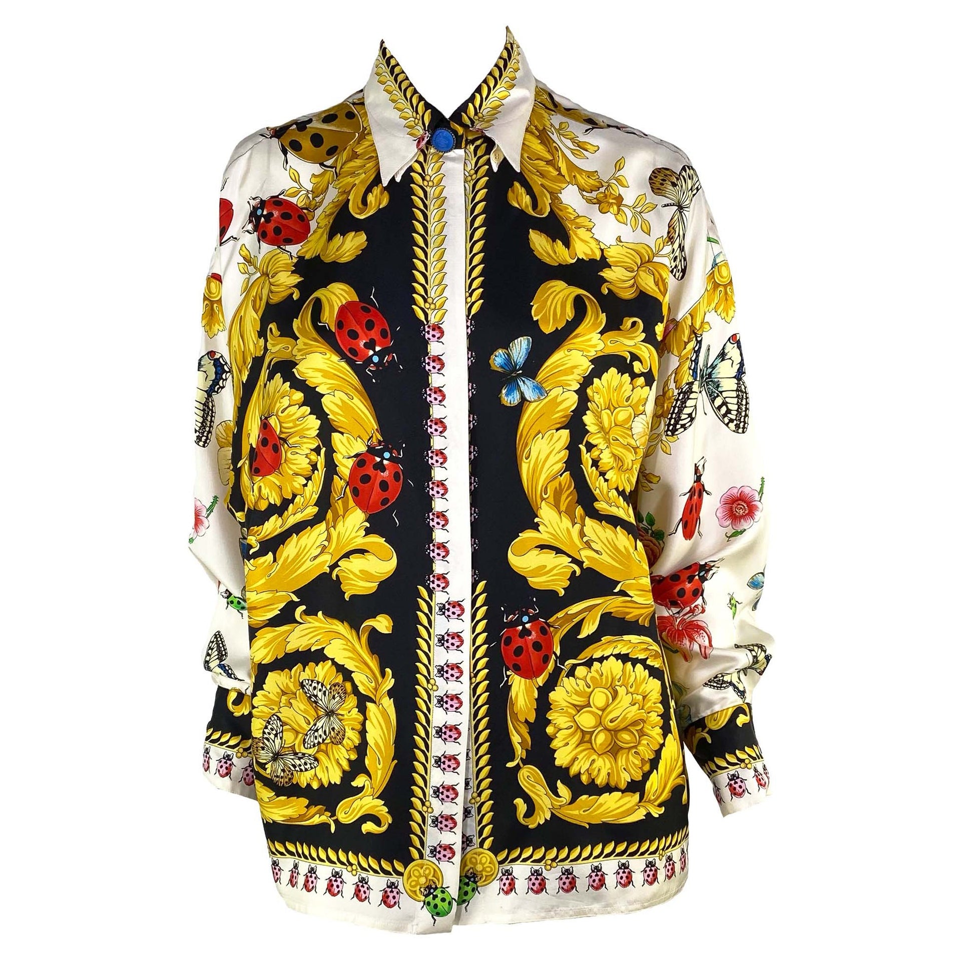 S/S 1995 Gianni Versace Couture Lady Bug Garden Baroque Print Button Up Silk Shirt