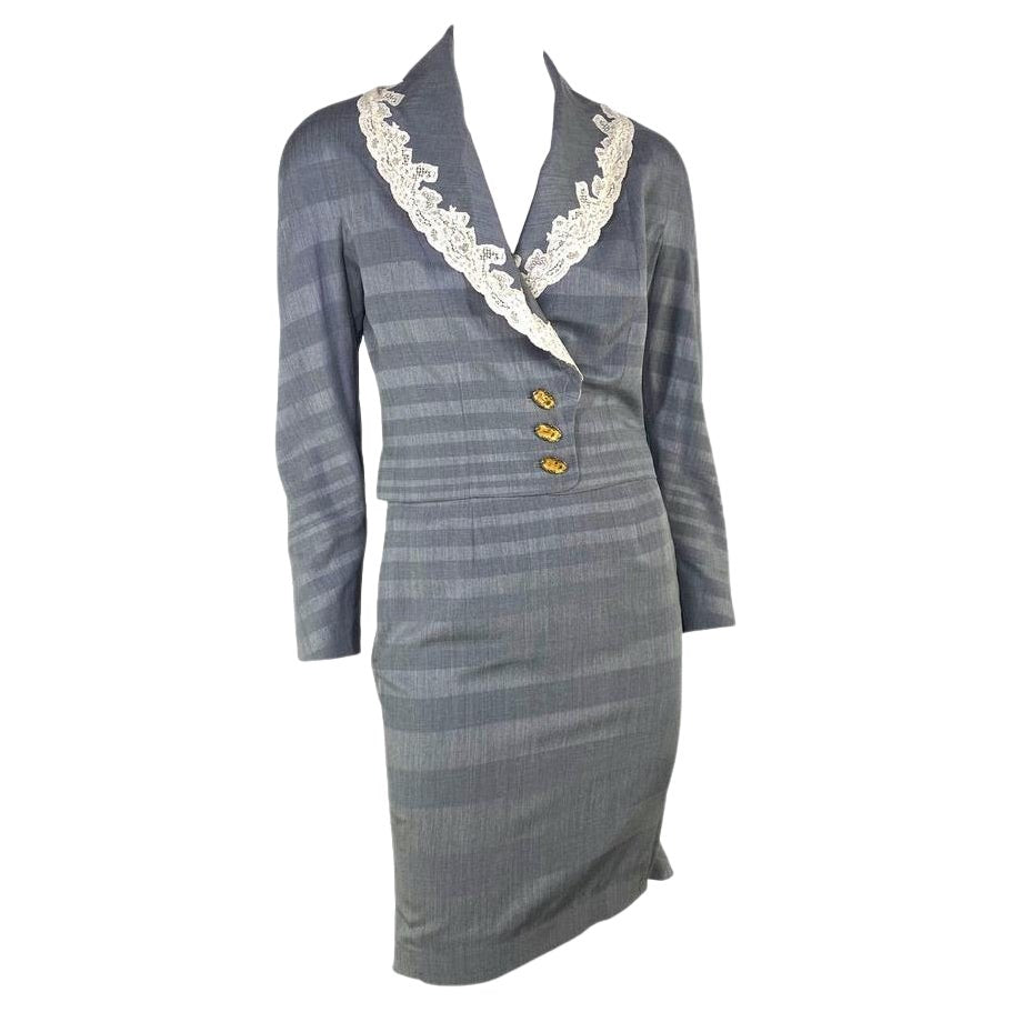 S/S 1999 Christian Dior by John Galliano Victorian Grey Lace Trimmed Skirt Suit