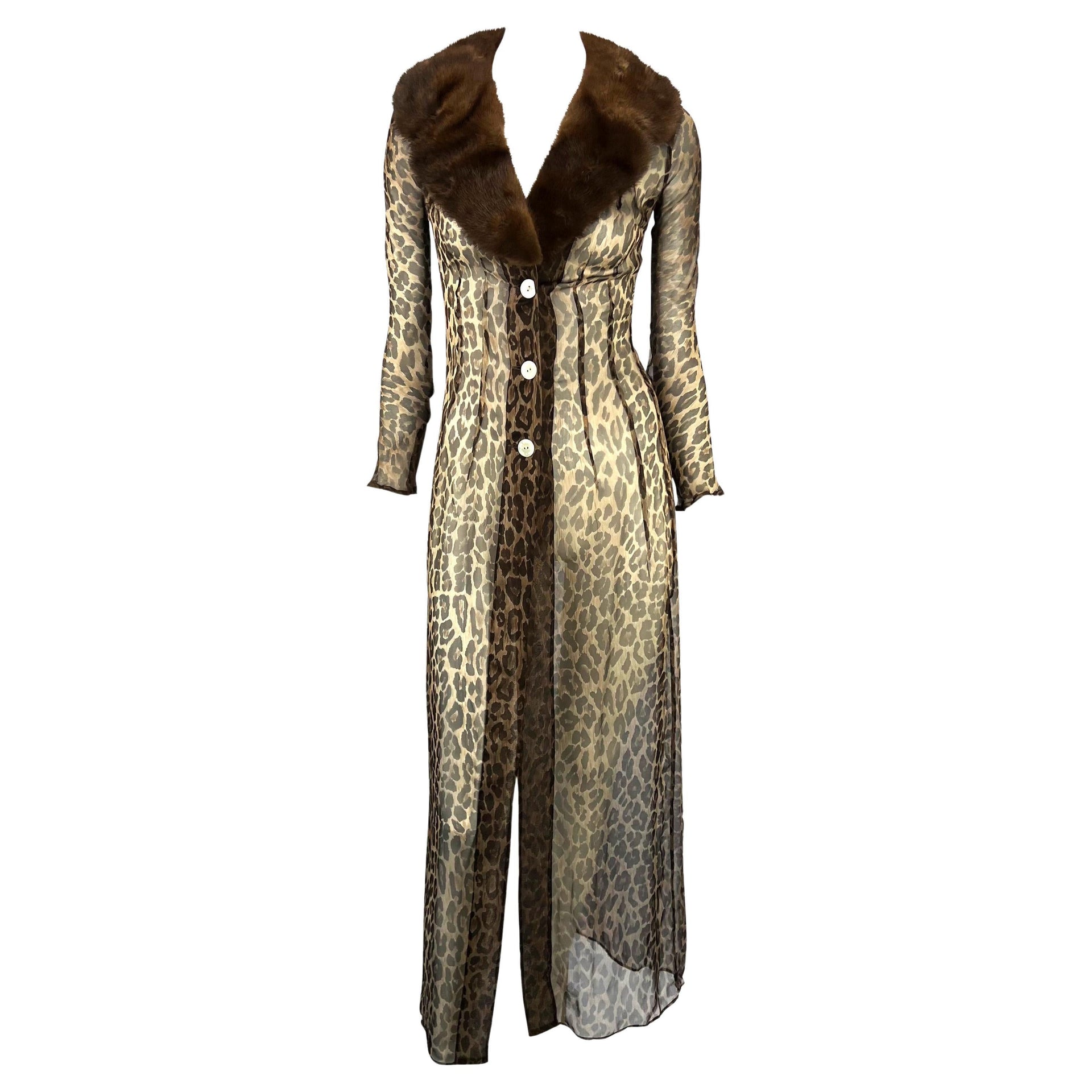 S/S 1997 Dolce & Gabbana Sheer Leopard Print Mink Fur Full-Length Cardigan Dress
