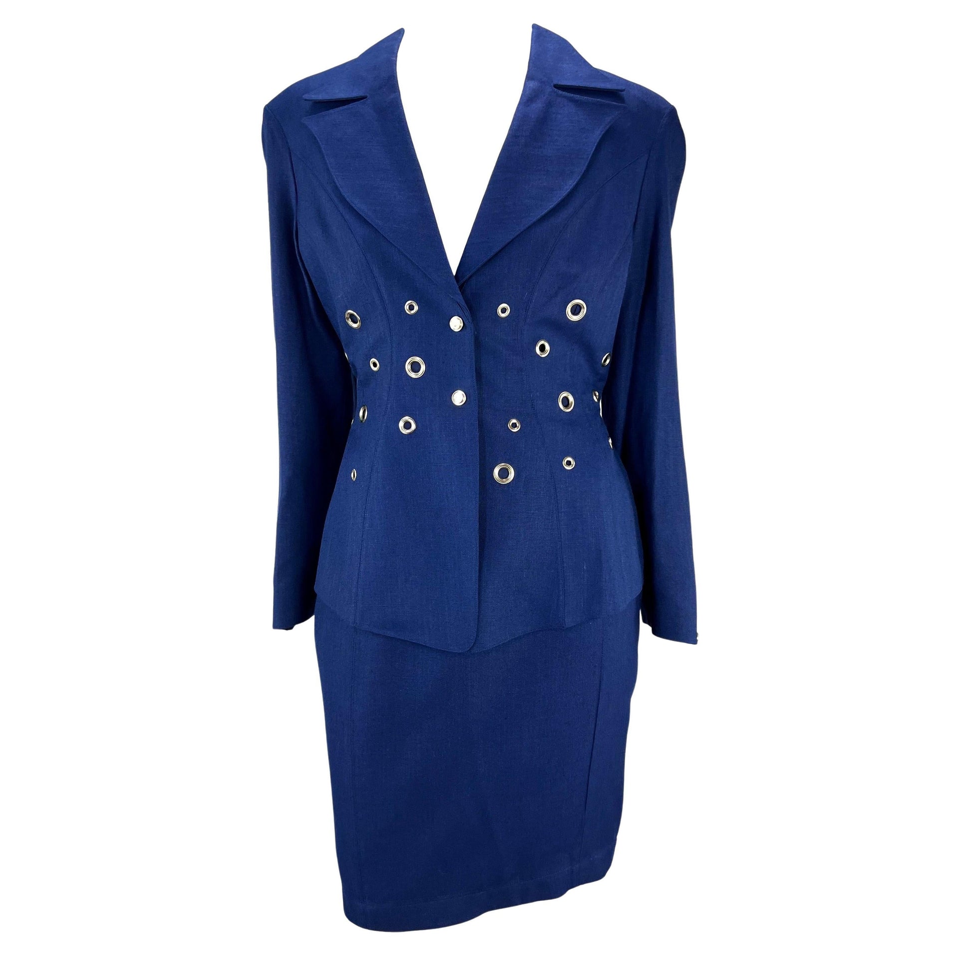 Cruise 1993 Thierry Mugler Navy Blue Eyelet Cutout Skirt Suit
