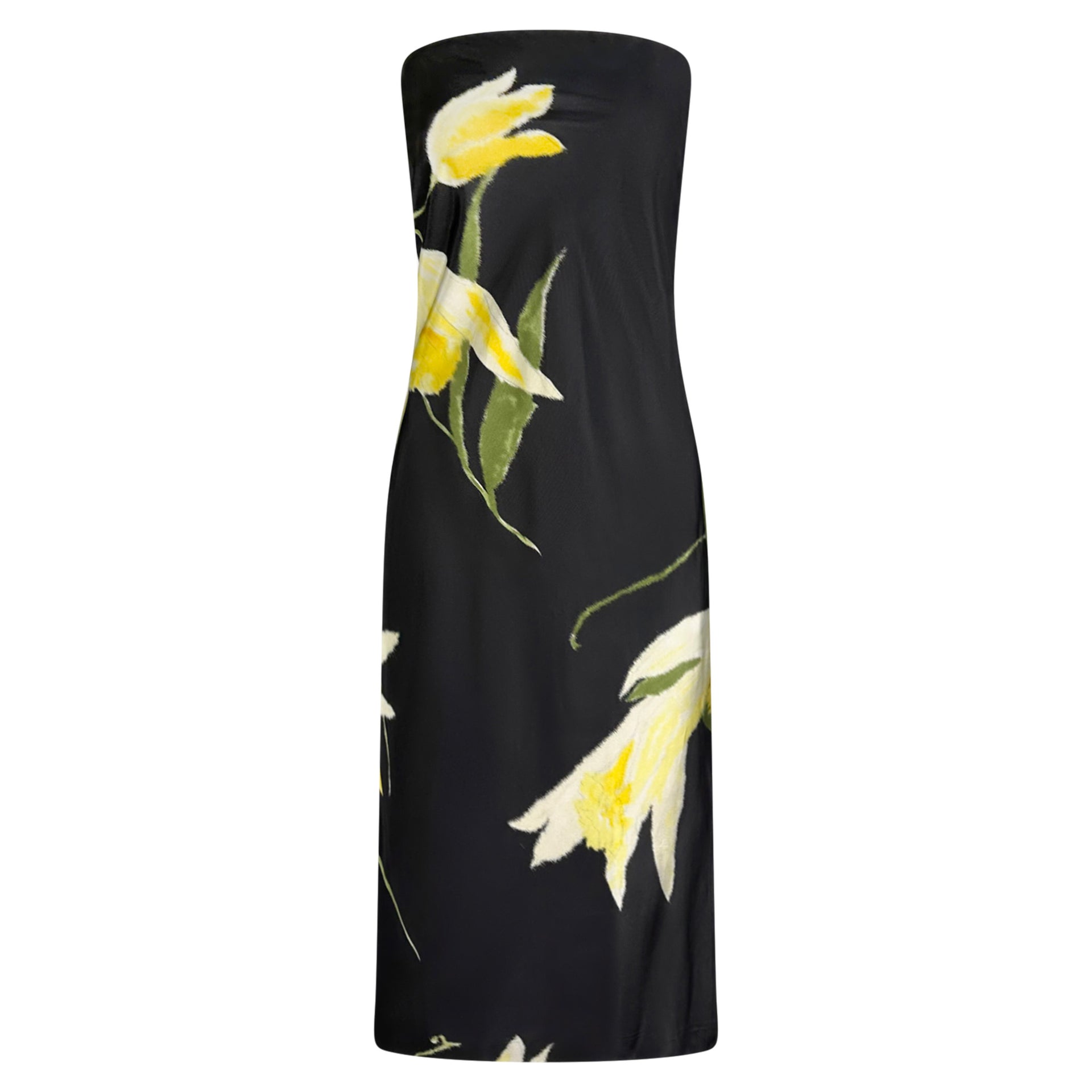 S/S 2000 Ralph Lauren Runway Black Yellow Floral Strapless Cocktail Dress